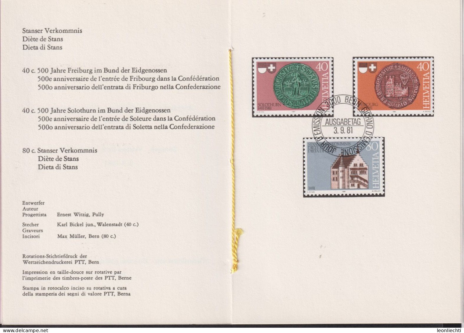 1981 Schweiz PTT Faltblatt Nr.184, ET ° Mi:CH 1203-1205, Zum:CH 660-662,  Stanser Verkommnis - Storia Postale