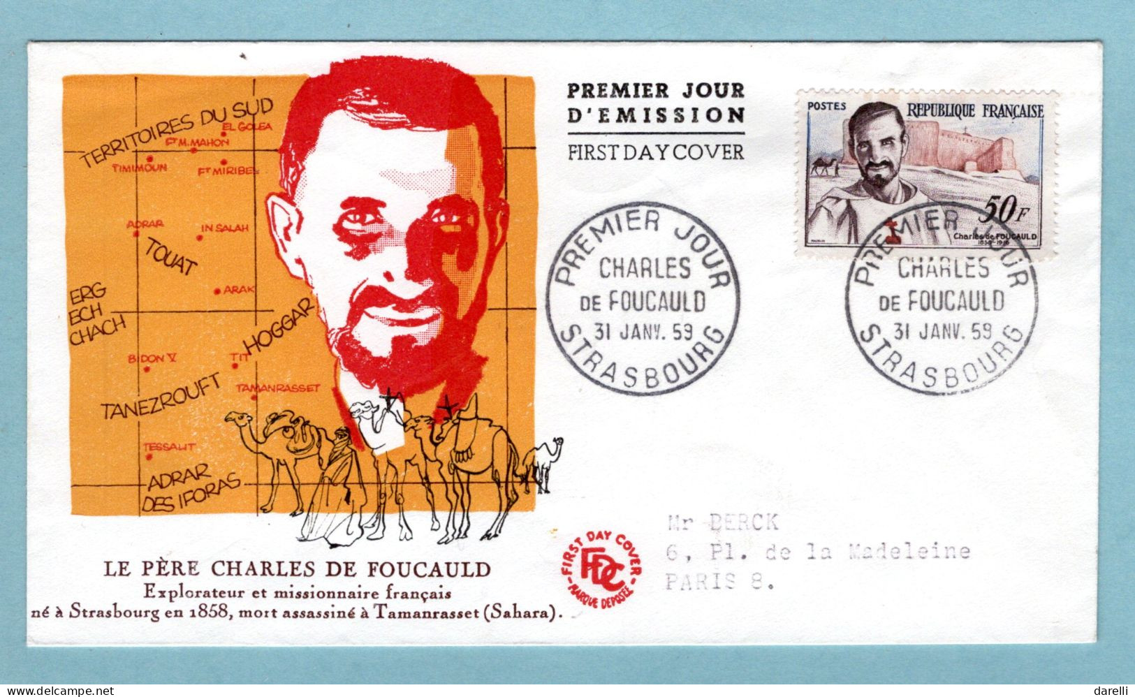 FDC France 1959 - Charles De Foucauld - YT 1191 - Strasbourg - 1950-1959