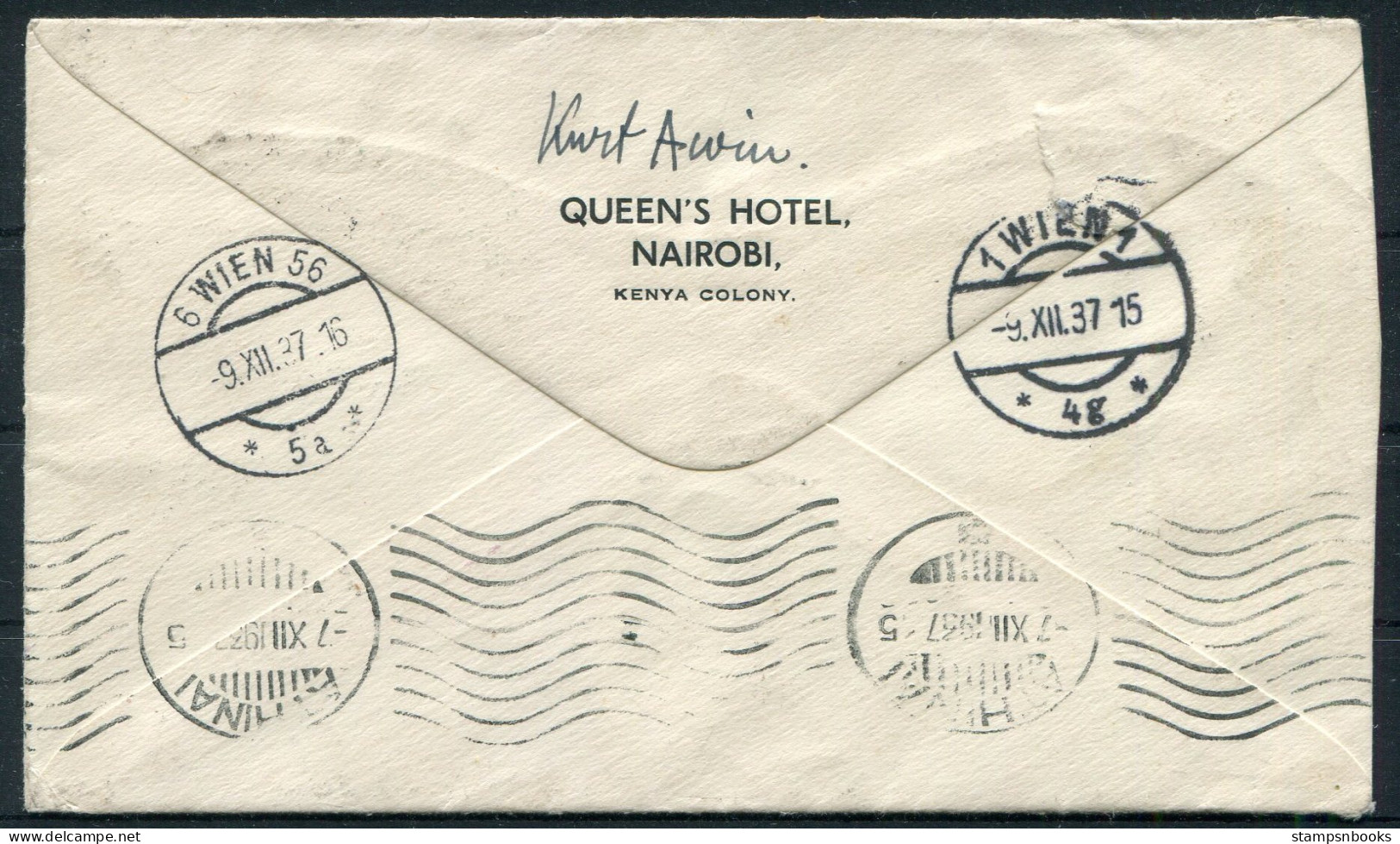 1937 K.U.T. Queen's Hotel, Nairobi Kenya Airmail Cover - Wien Austria Via Athens Greece - Kenya, Uganda & Tanganyika