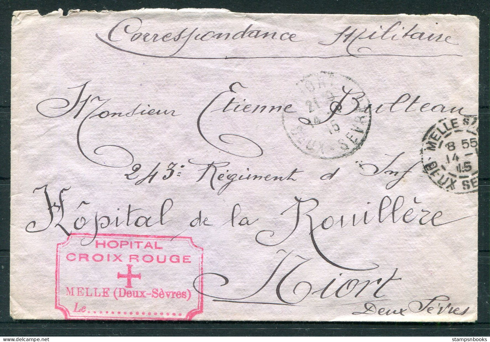 1915 France Hopital Croix Rouge, Melle, Deux-Sevres, Red Cross Niort Military Hospital Cover  - Lettres & Documents