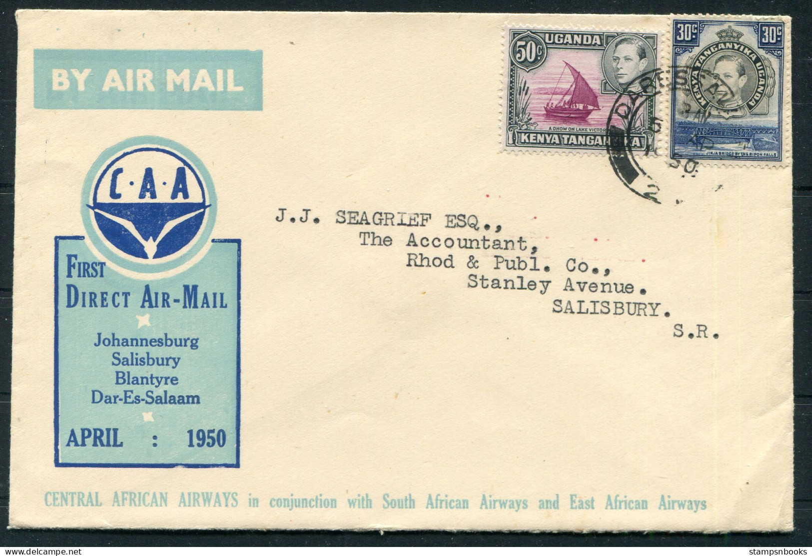 1950 K.U.T. First Direct Airmail C.A.A. Flight Cover Dar-Es-Salaam - Salisbury, Southern Rhodesia  - Kenya, Ouganda & Tanganyika