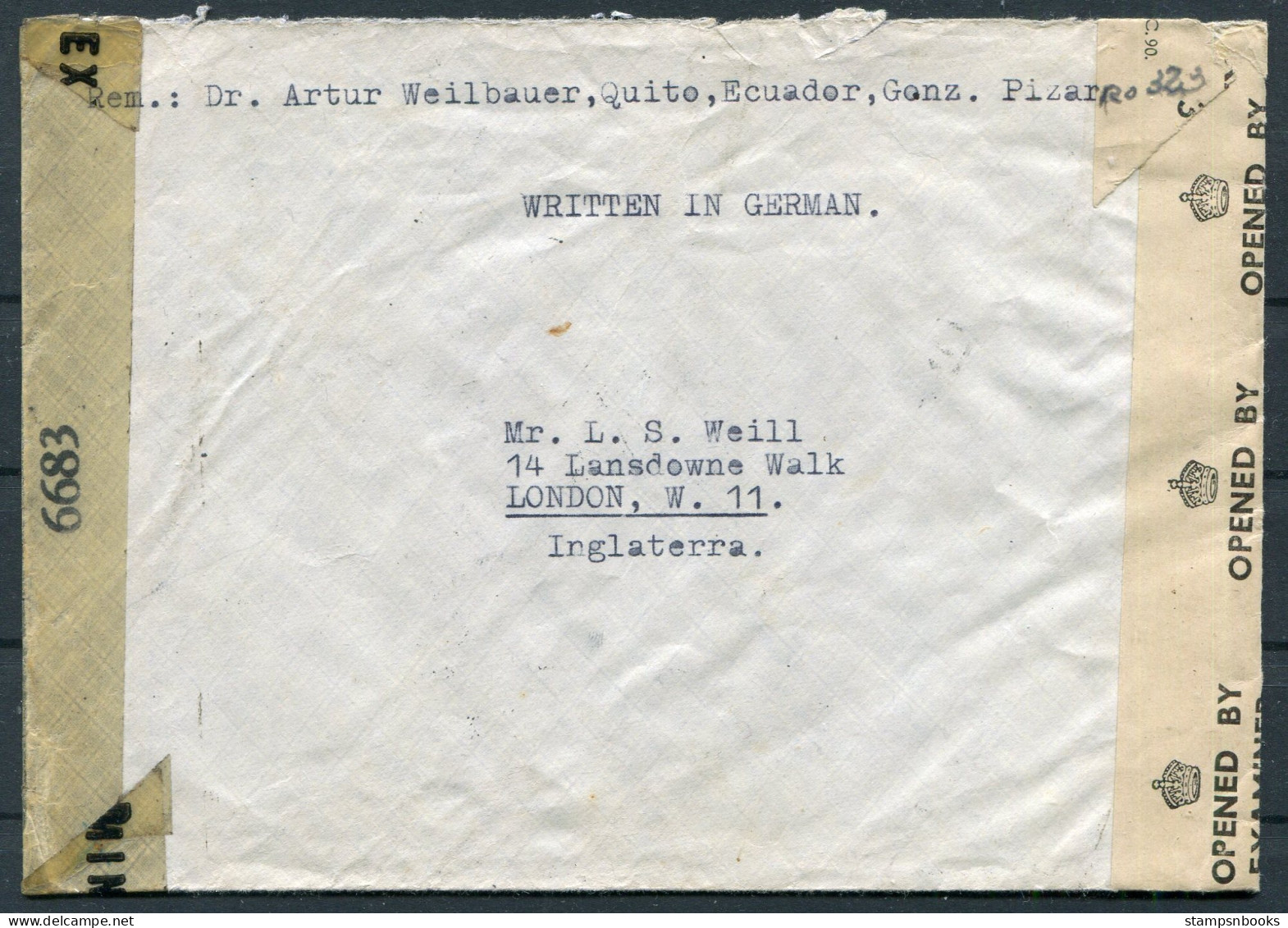 1943 Ecuador Censor Cover QUITO Dr Weilbauer - Weill, London W11, England - Ecuador