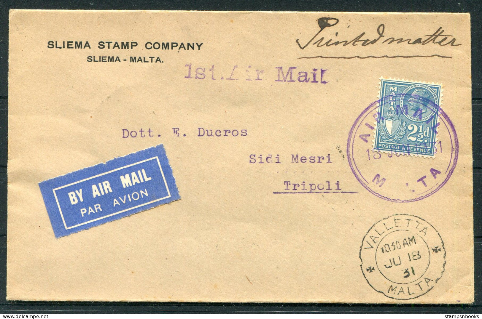1931 Malta First Flight Airmail Cover Valletta - Tripoli  - Malta