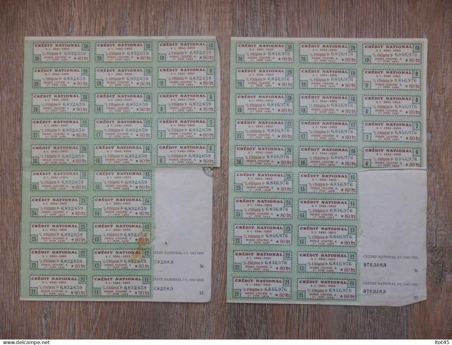 LOT DE 2 ACTIONS CREDIT NATIONAL EMPRUNT 4% 1941-1953 - Bank & Versicherung