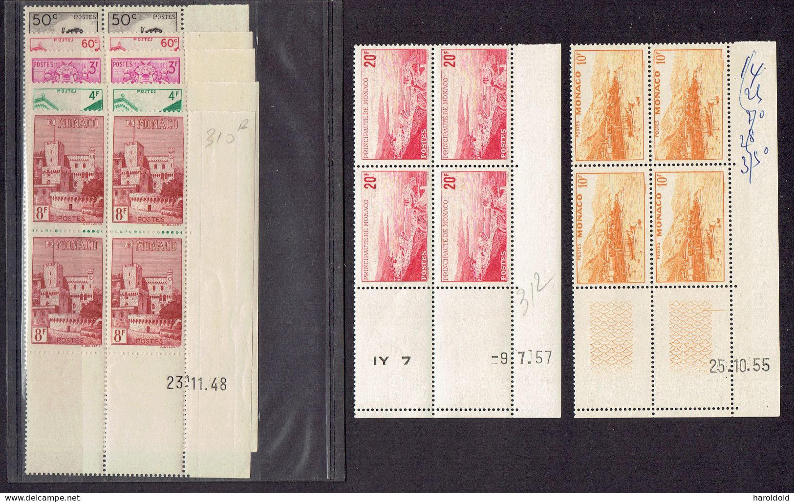 MONACO - TP BLOCS DE 4 COINS DATES - N°307/310 - 310B - 311A/312 - ** MNH - INSCRIPTIONS EN MARGE SUR 1 BLOC - Nuovi