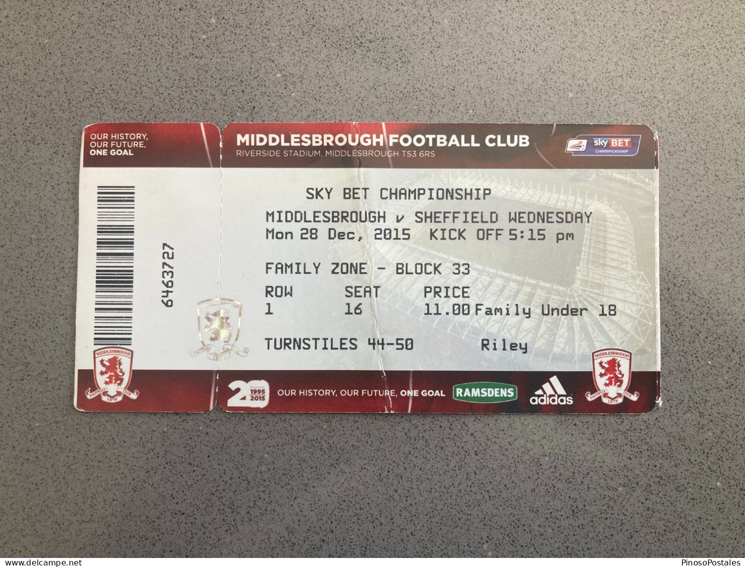 Middlesbrough V Sheffield Wednesday 2015-16 Match Ticket - Biglietti D'ingresso