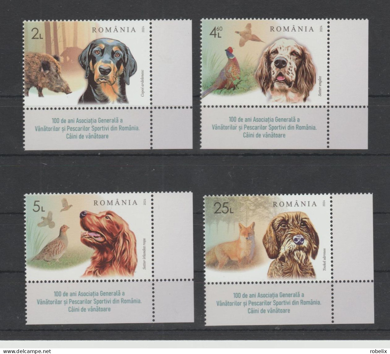 ROMANIA 2024 DOGS - HUNTING DOGS - WILD PIG, FOX, PHEASANT  Set Of 4 Stamps MNH** - Cani