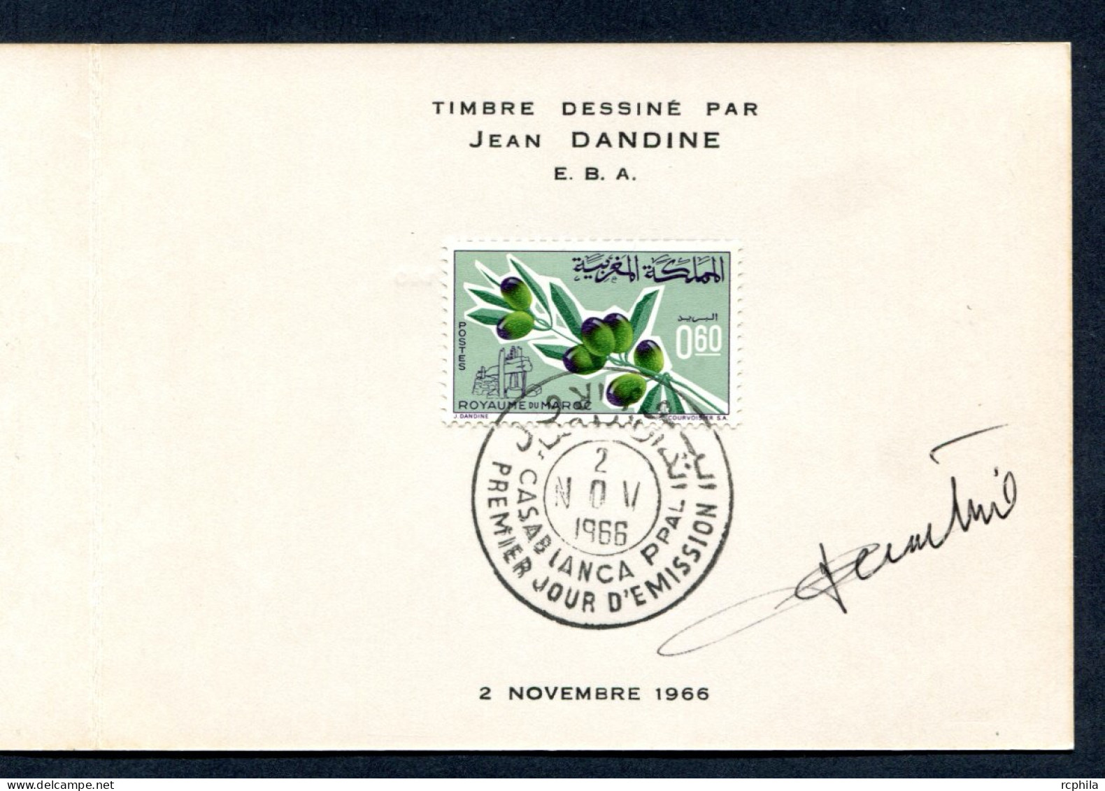 RC 27475 MAROC N° 510 AGRICULTURE OLIVES ENCART 1er JOUR TIRAGE 140 Ex SIGNÉ JEAN DANDINE - Morocco (1956-...)