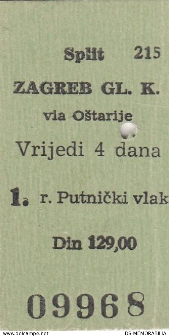 Yugoslavia Yugoslav Railways Train Ticket Split - Zagreb Via Oštarije - Europa