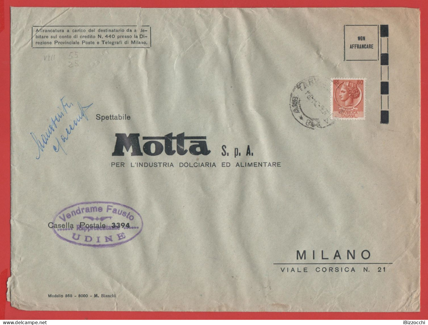 ITALIA - Storia Postale Repubblica - 1957 - 80 Antica Moneta Siracusana (isolato) - Motta - Manoscritti Con Lettera - Vi - 1946-60: Poststempel