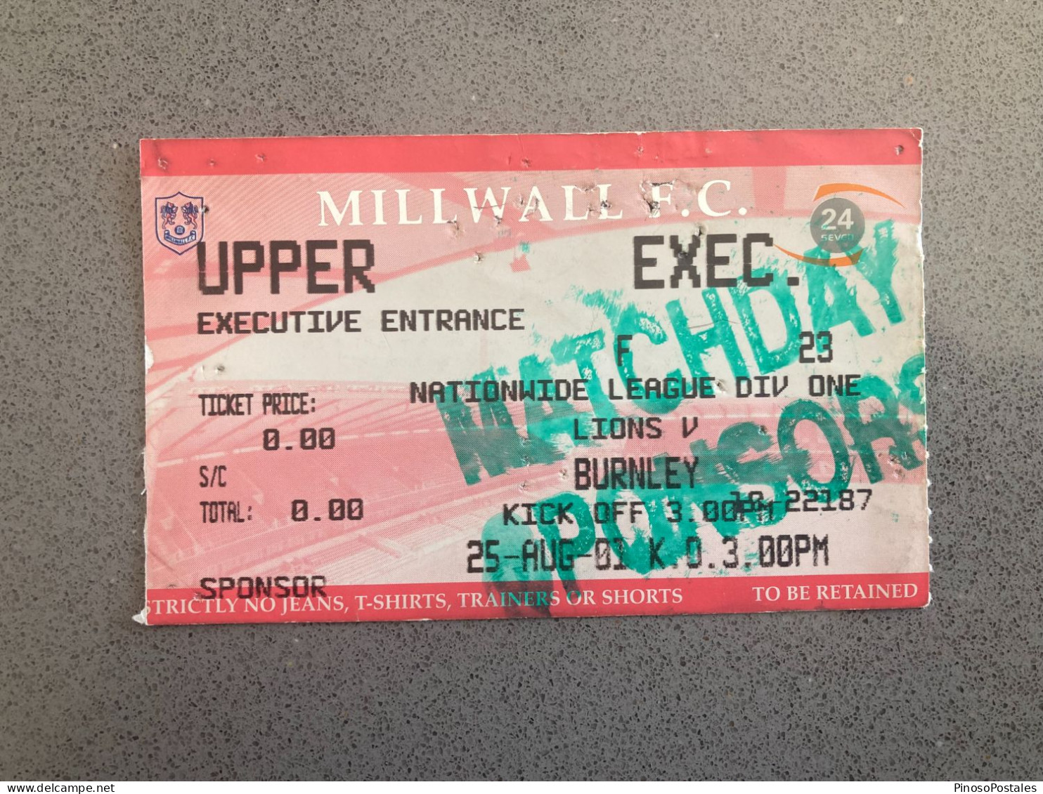 Millwall V Burnley 2001-02 Match Ticket - Tickets & Toegangskaarten