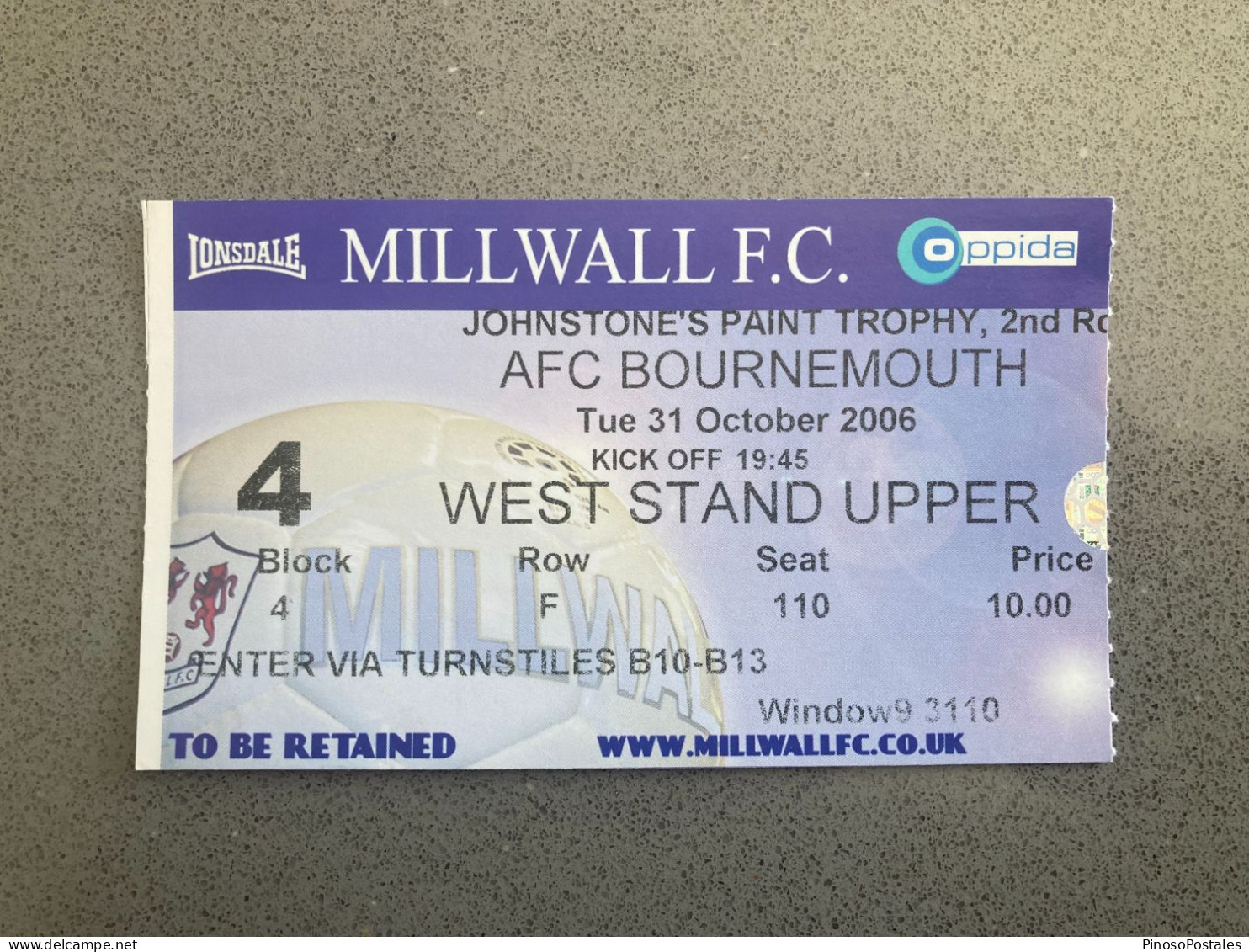 Millwall V Bournemouth 2006-07 Match Ticket - Tickets & Toegangskaarten