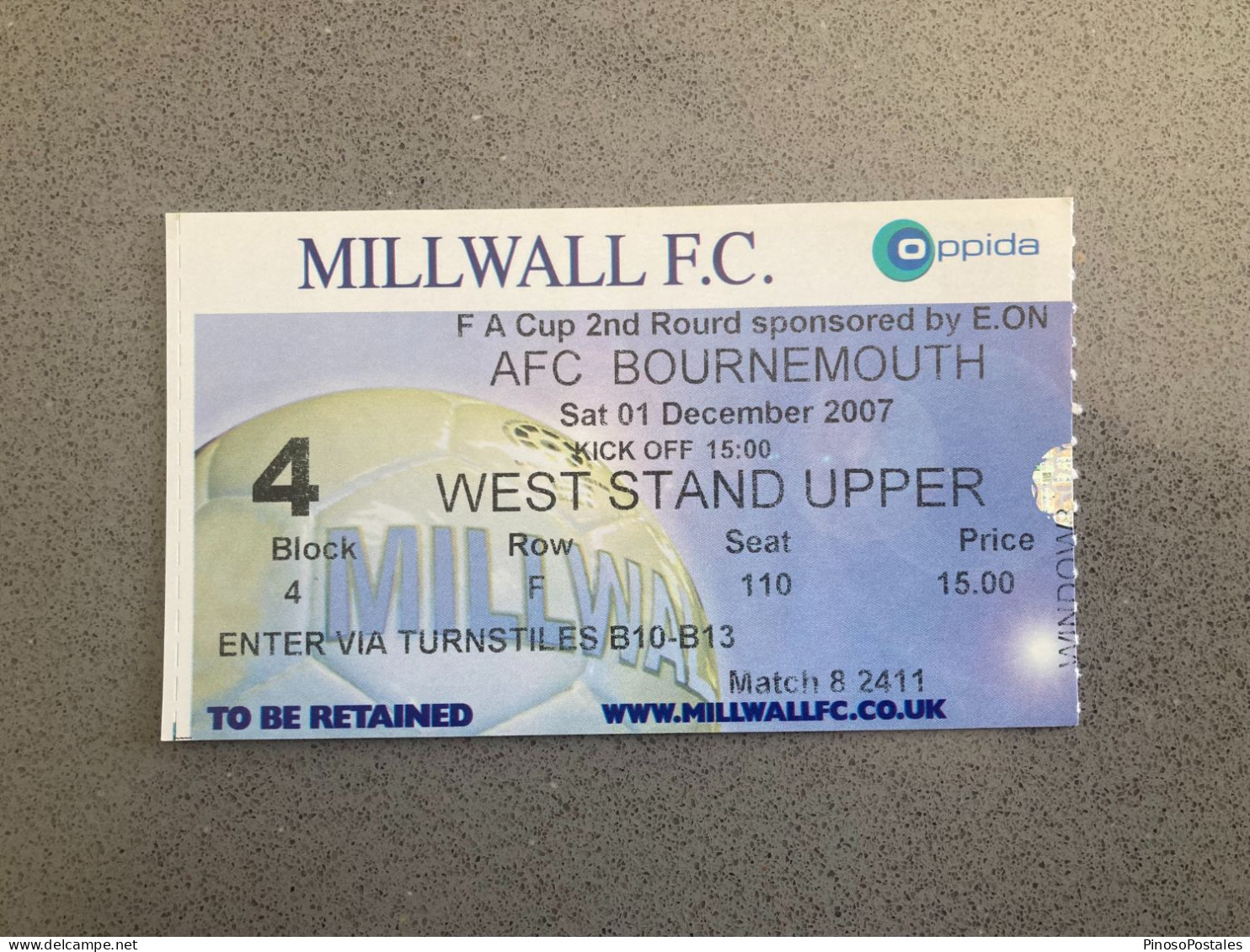 Millwall V Bournemouth 2007-08 Match Ticket - Eintrittskarten