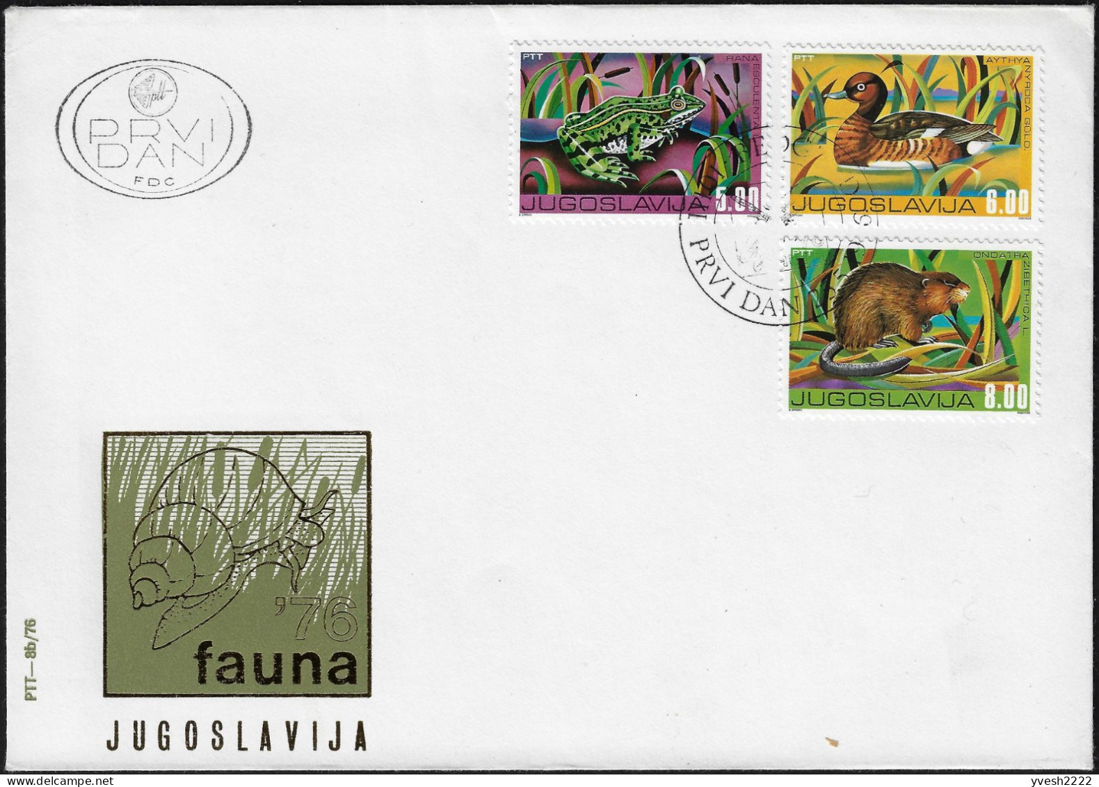 Yougoslavie 1976 Y&T 1532 à 1534 Sur FDC. Animaux, Grenouille, Sarcelle Naine (canard), Rat Musqué - Ranas