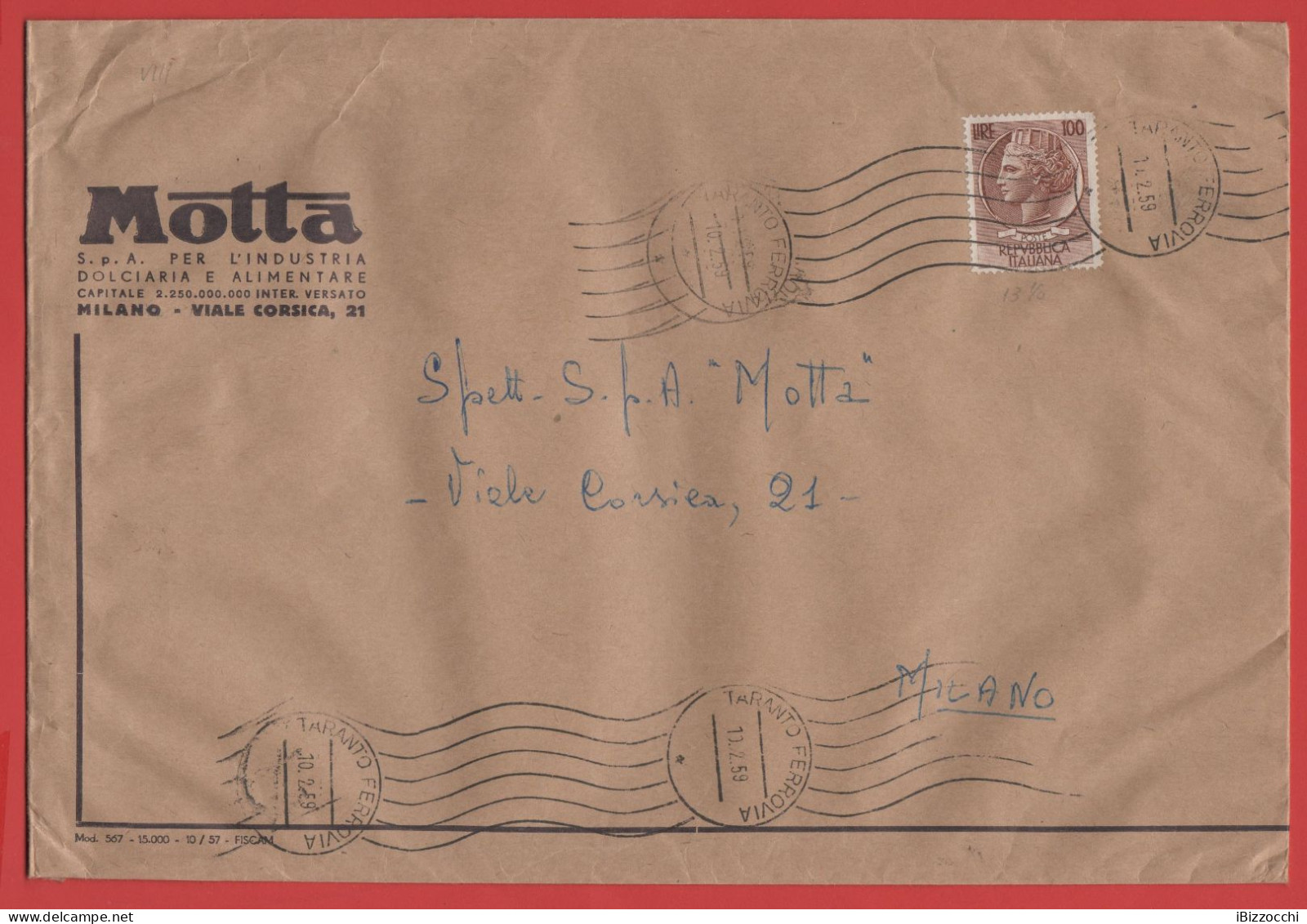 ITALIA - Storia Postale Repubblica - 1959 - 100 Antica Moneta Siracusana (isolato) - Busta Di Grande Formato - Motta - V - 1946-60: Marcophilie