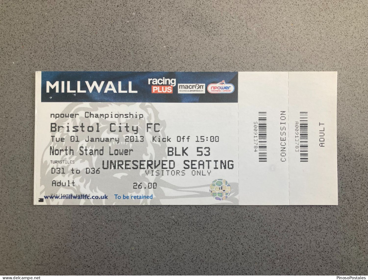 Millwall V Bristol City 2012-13 Match Ticket - Biglietti D'ingresso