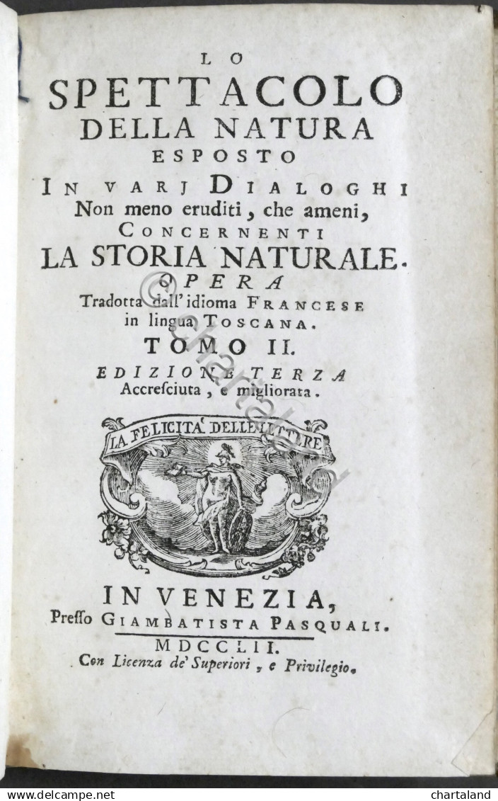 Lo Spettacolo Della Natura Esposto In Varj Dialoghi - Tomo II - Ed. 1752 - Sin Clasificación