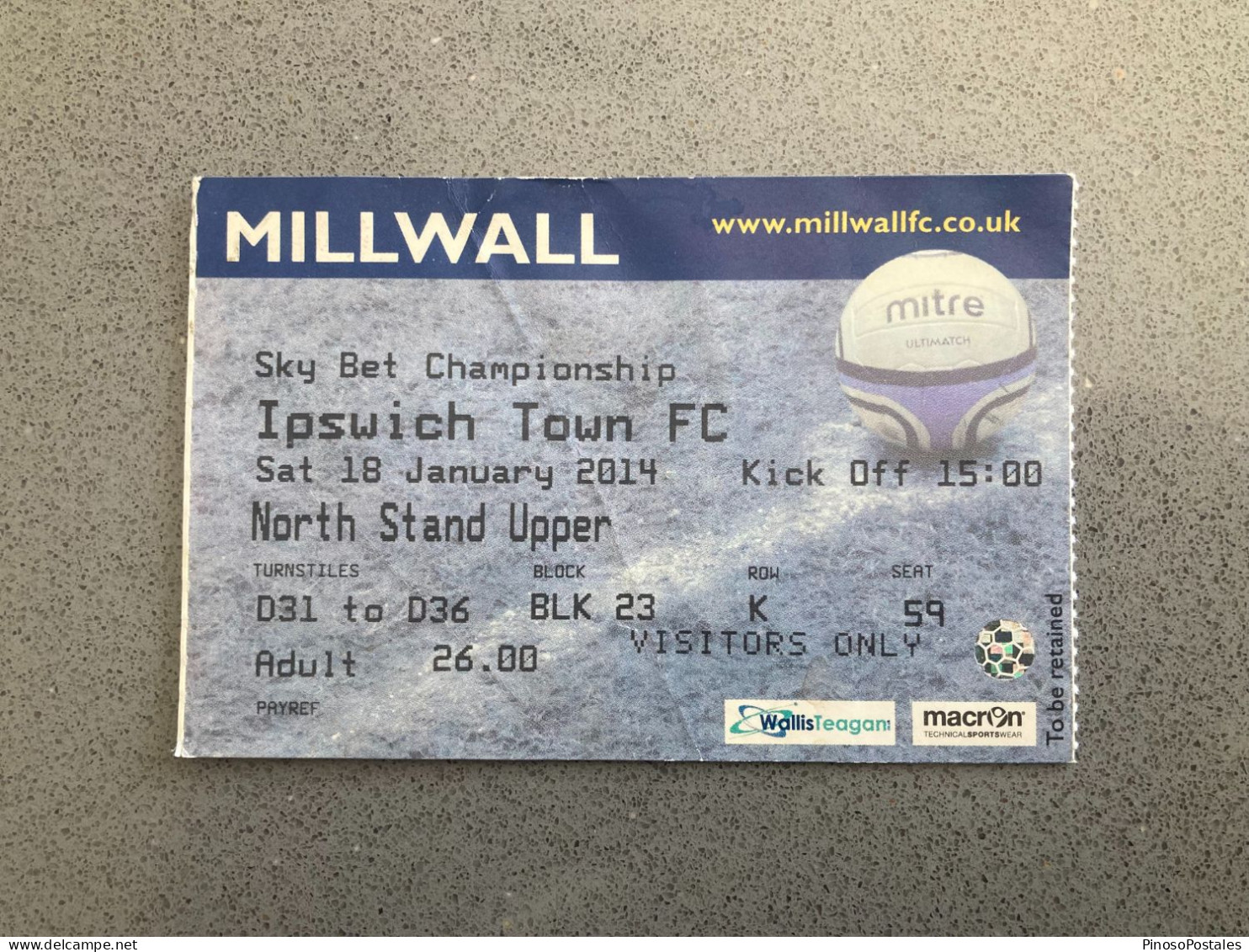 Millwall V Ipswich Town 2013-14 Match Ticket - Biglietti D'ingresso