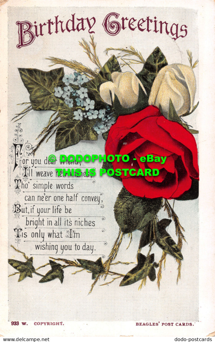 R489549 Birthday Greetings. Roses. J. Beagles. 1909 - World