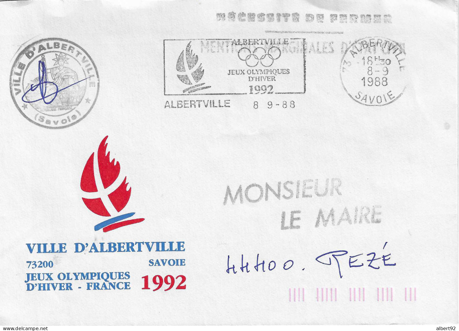 1988 Jeux Olympiques D'Hiver D'Albertville: Flamme-annonce Lettre Siglée Mairie - Invierno 1992: Albertville