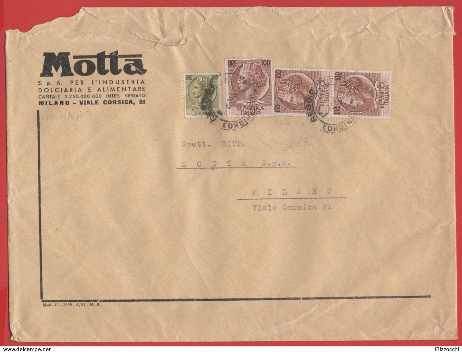 ITALIA - Storia Postale Repubblica - 1959 - 3x 100 Antica Moneta Siracusana + 50 Antica Moneta Siracusana - Busta Di Gra - 1946-60: Marcophilie