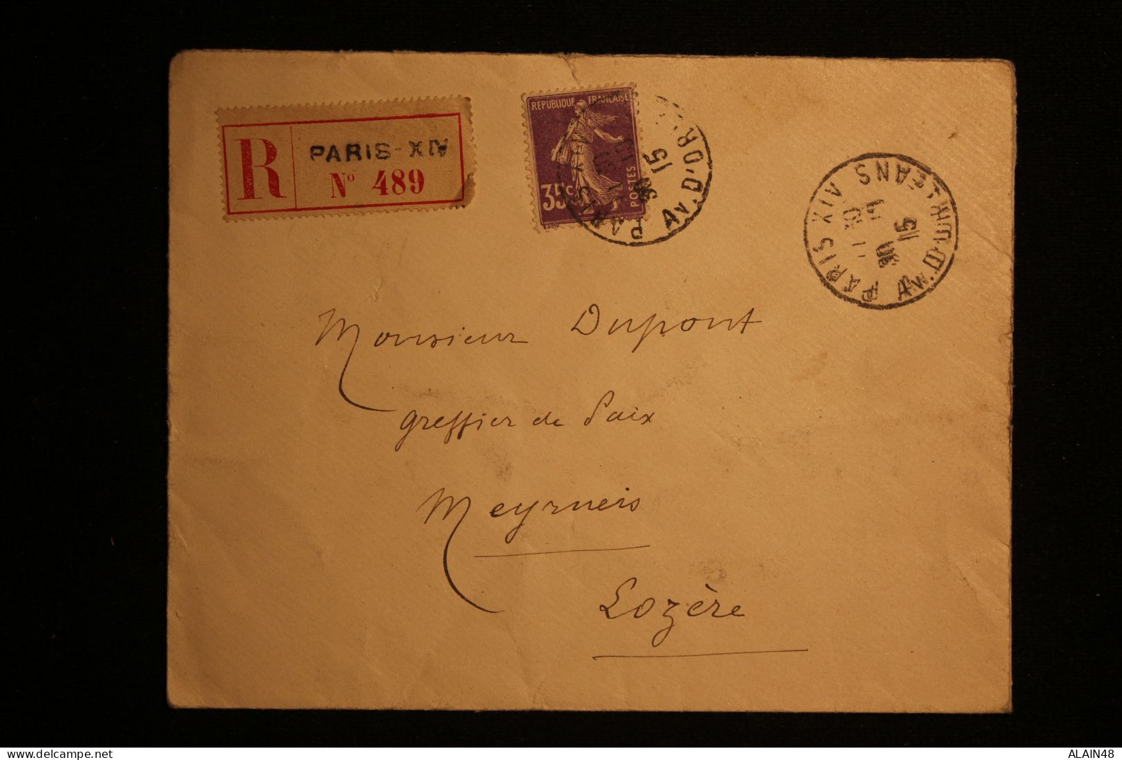 FRANCE LETTRE EN RECOMMANDE DE PARIS XIV AV D'ORLEANS POUR MEYRUEIS (LOZERE) AVEC N°142 SEMEUSE  DU 30.10.1915 - Covers & Documents