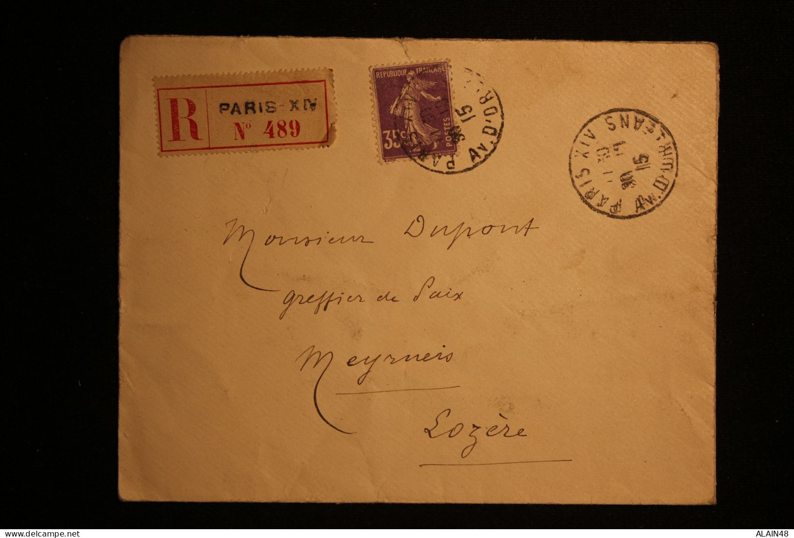 FRANCE LETTRE EN RECOMMANDE DE PARIS XIV AV D'ORLEANS POUR MEYRUEIS (LOZERE) AVEC N°142 SEMEUSE  DU 30.10.1915 - Cartas & Documentos