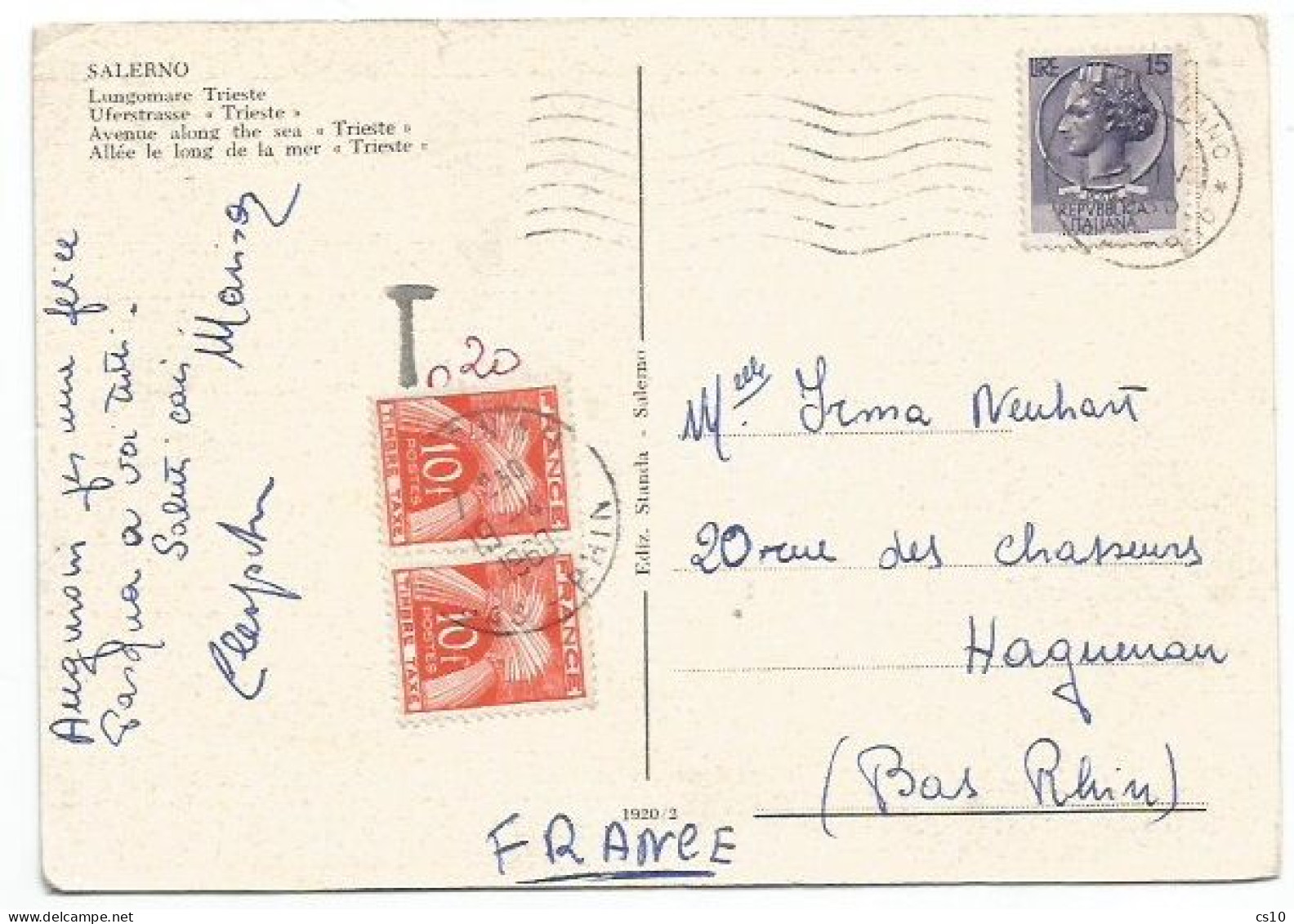 France Timbre Taxe 10f Couple 19apr1960 Sur Carte Italie - Storia Postale