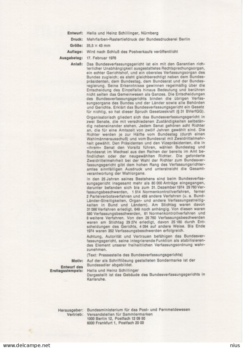 Germany Deutschland 1976-06 25 Jahre Bundesverfassungsgericht, Federal Constitutional Court, Canceled In Bonn - 1974-1980