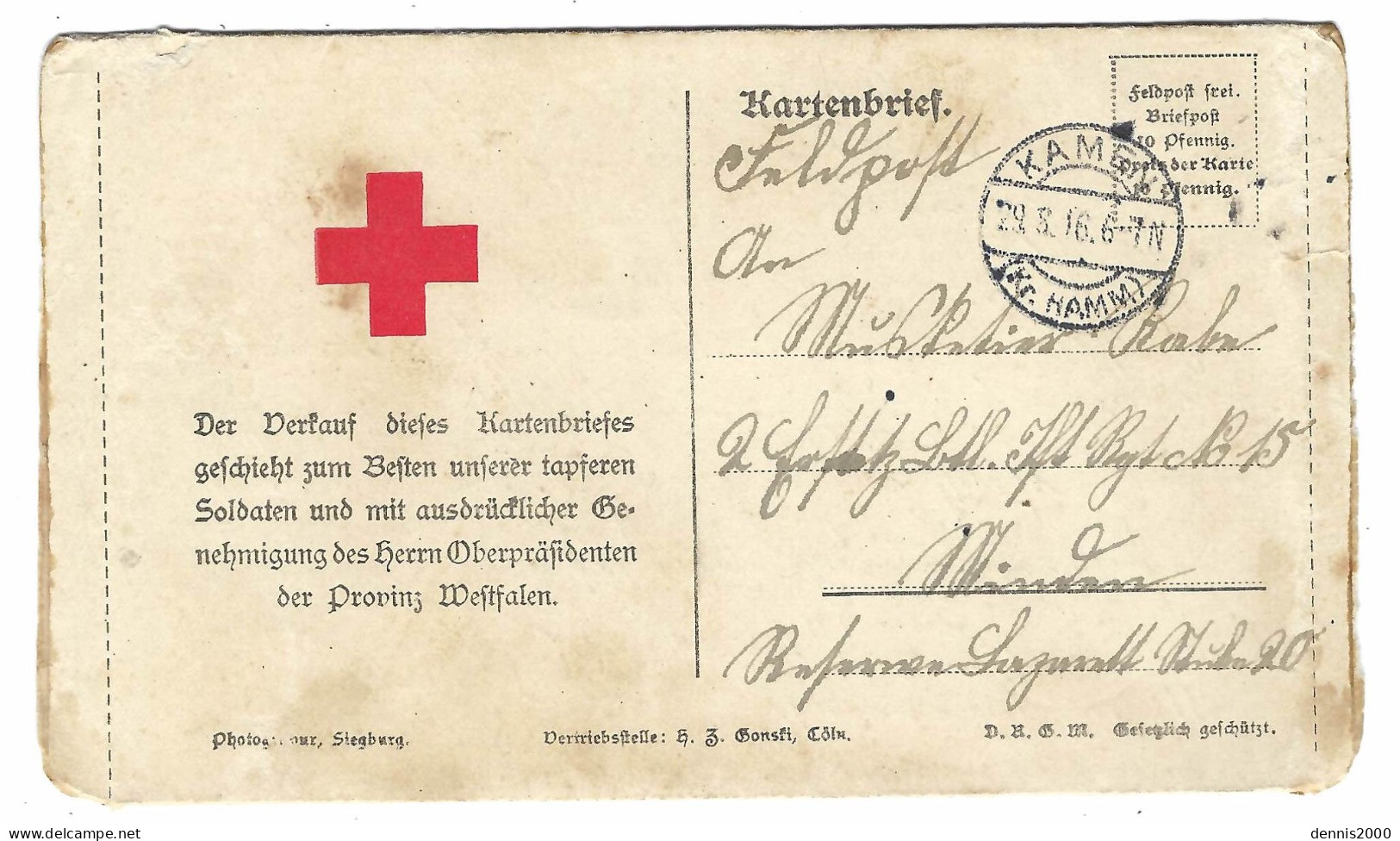 1916 - Formulaire Triptyque De KAMEN ( Allemagne ) Croix Rouge - Red Cross