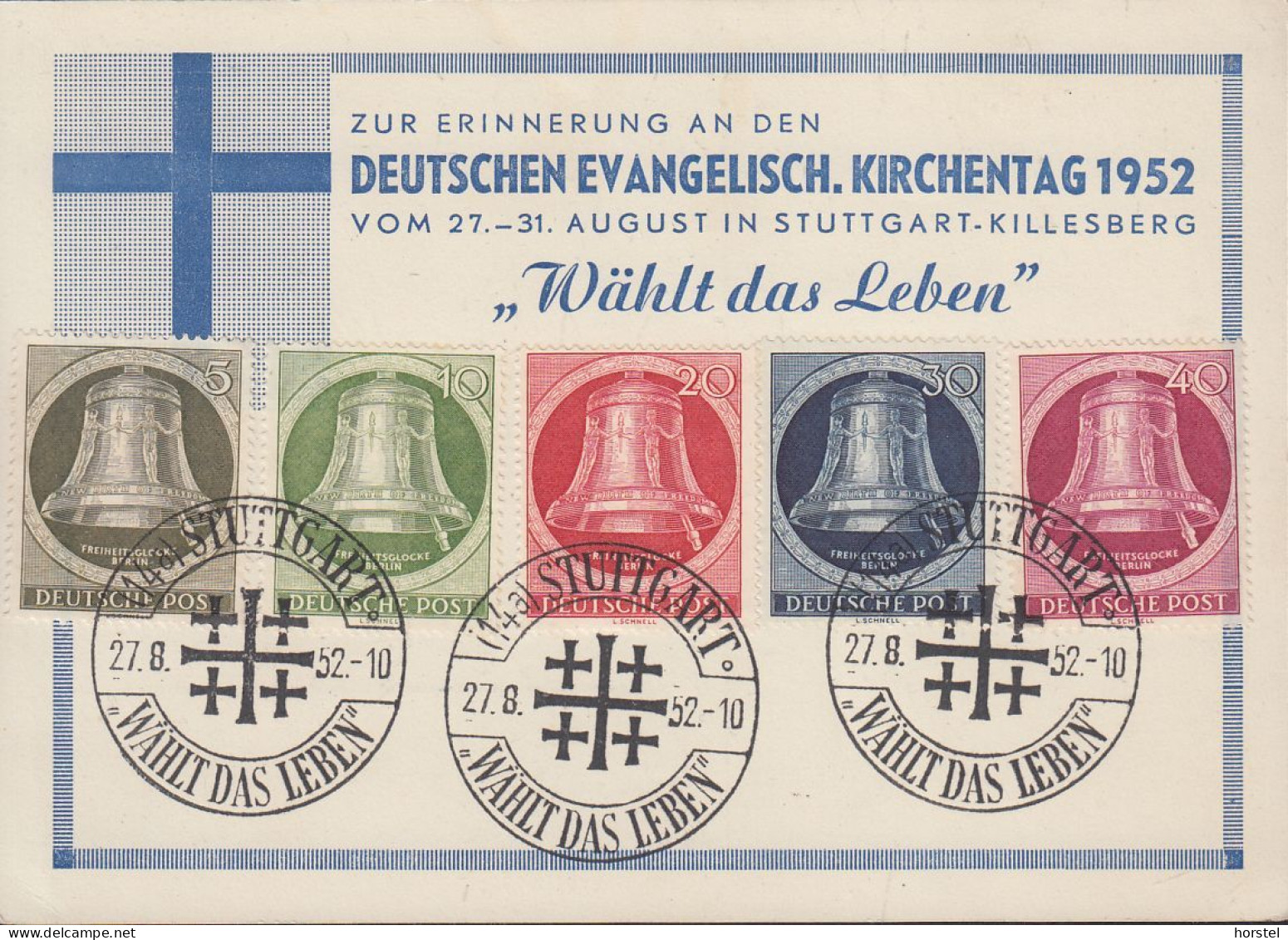 Berlin Mi Nr.82-86 - Glocke Rechts - Auf Gedenkkarte "Deutschen Evangelischen Kirchentag 1952" - Storia Postale