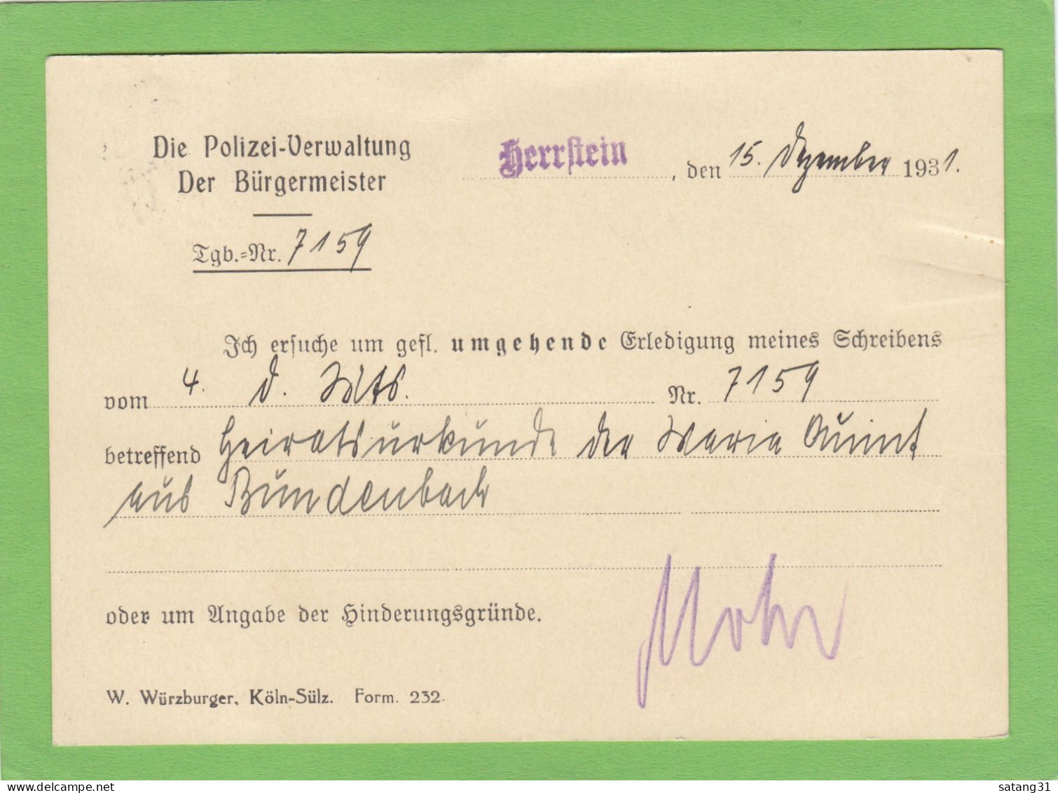 DIE POLIZEIVERWALTUNG/DER BÜGERMEISTER AUS HERRTSTEIN.POSTKARTE NACH BAD KREUZNACH,1931. - Servizio