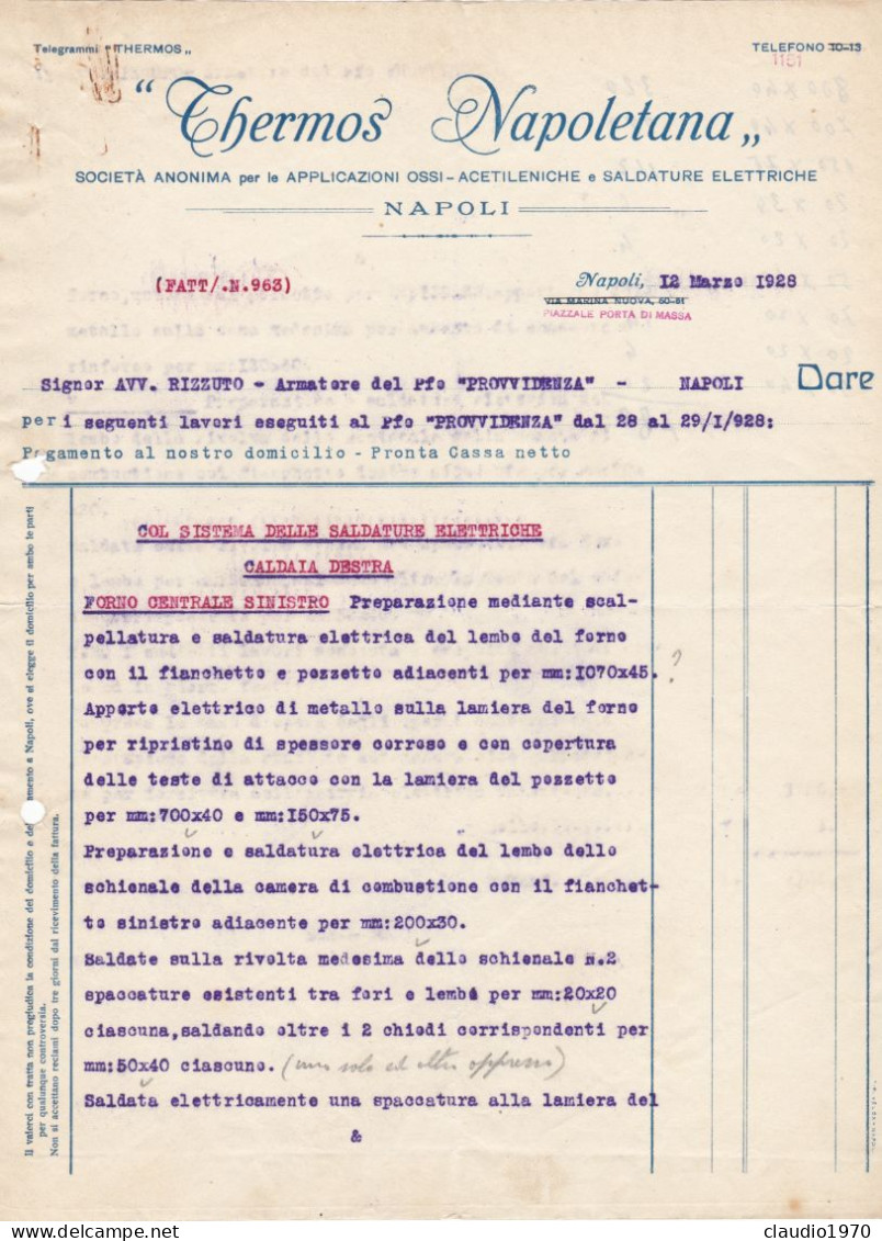 NAPOLI - DOCUMENTO - 2 FATTURA - THERMOS NAPOLETANA - SOC. ANONIMA PE LA APPLICAZIONI OSSI - 1928 - Italy