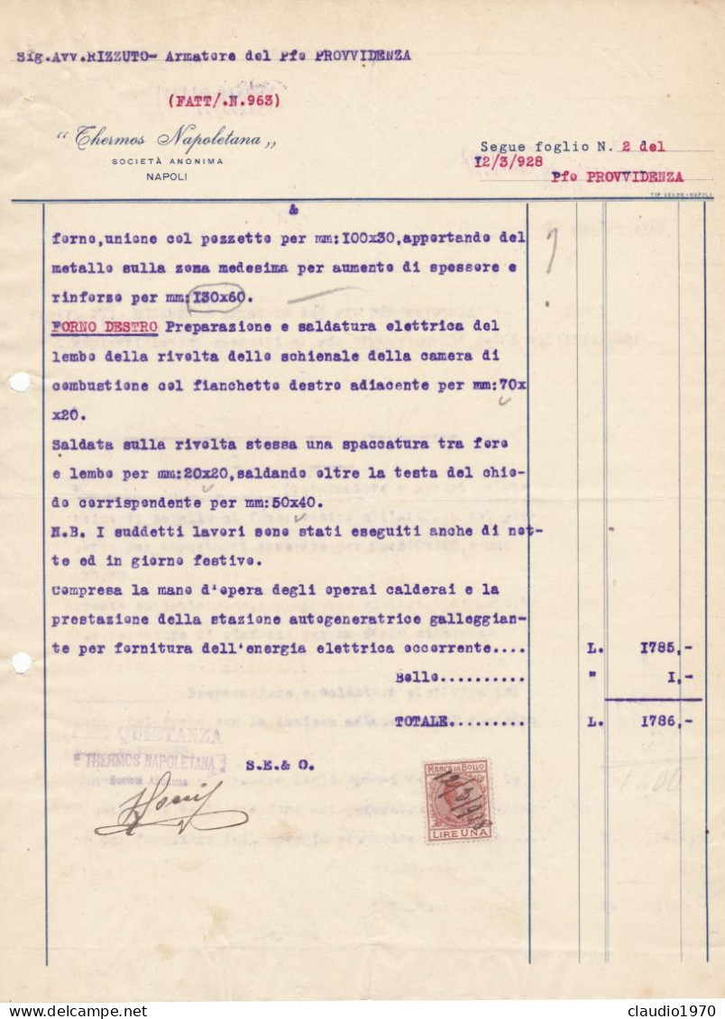 NAPOLI - DOCUMENTO - 2 FATTURA - THERMOS NAPOLETANA - SOC. ANONIMA PE LA APPLICAZIONI OSSI - 1928 - Italië