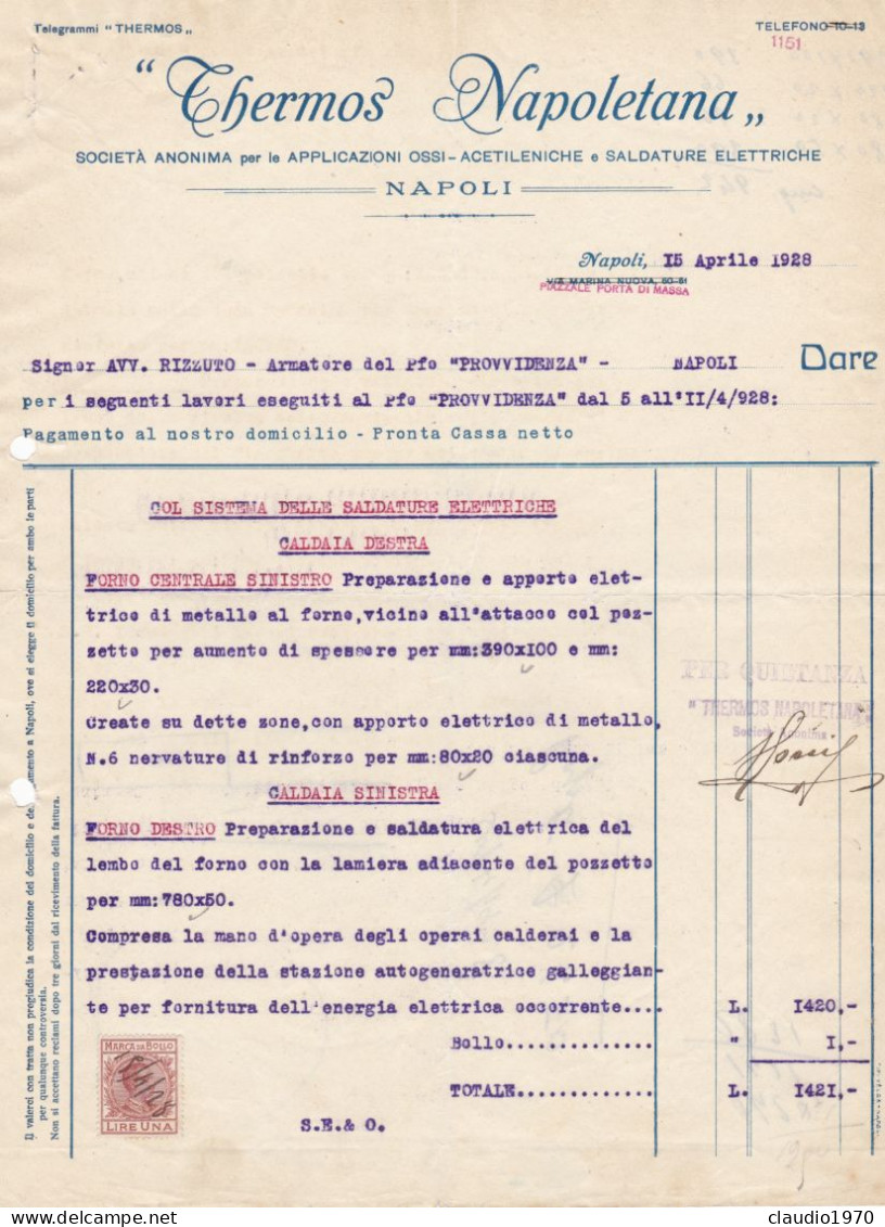 NAPOLI - DOCUMENTO -  FATTURA - THERMOS NAPOLETANA - SOC. ANONIMA PE LA APPLICAZIONI OSSI - 1928 - Italy