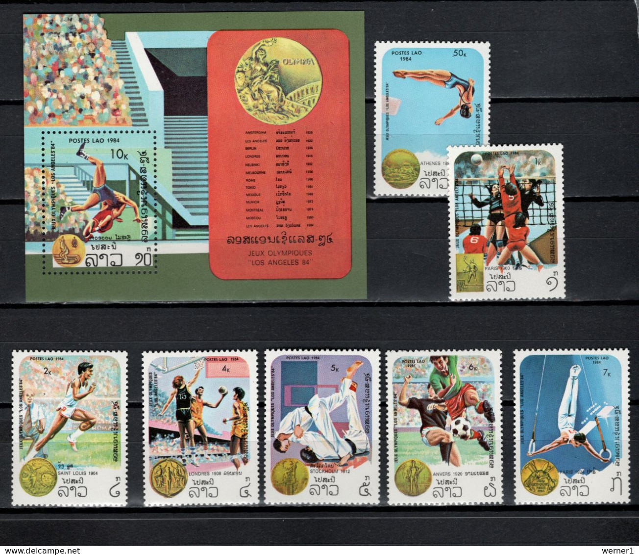 Laos 1984 Olympic Games Los Angeles, Football Soccer, Judo, Wrestling, Basketball, Volleyball Etc. Set Of 7 + S/s MNH - Sommer 1984: Los Angeles