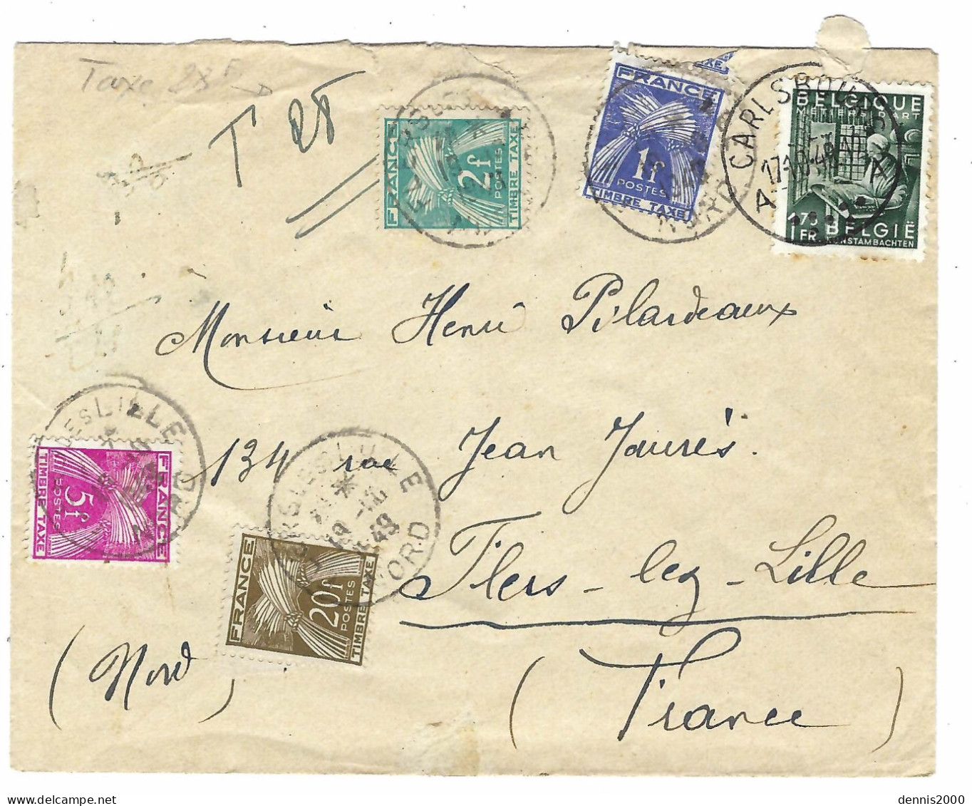 1949 - Enveloppe De CARLSBOURG  Affr. 1f Belge Pour Flers-lez-Lille TAXEE 28 F - 1859-1959 Lettres & Documents