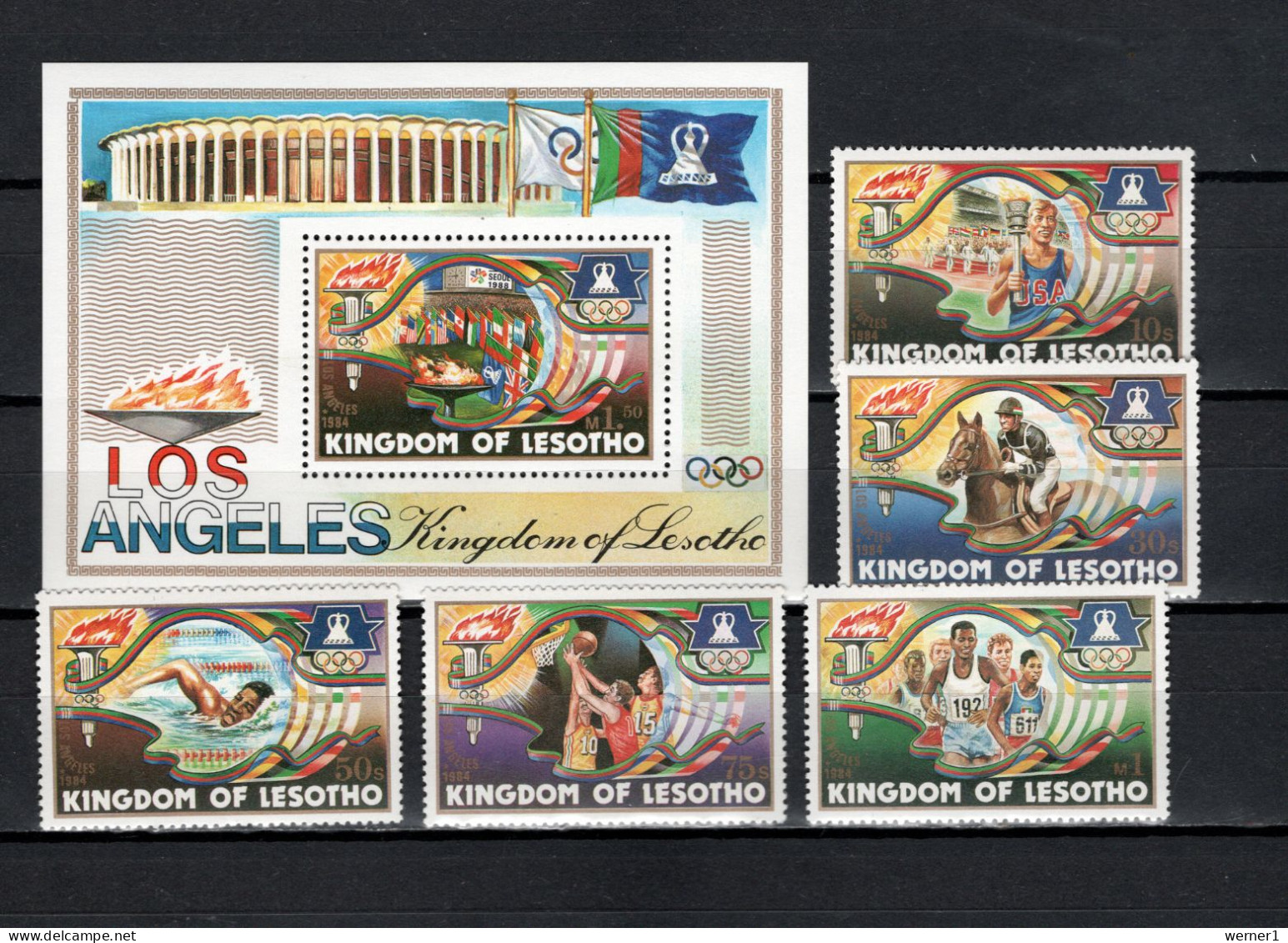 Lesotho 1984 Olympic Games Los Angeles, Equestrian, Swimming, Basketball, Athletics Set Of 5 + S/s MNH - Zomer 1984: Los Angeles