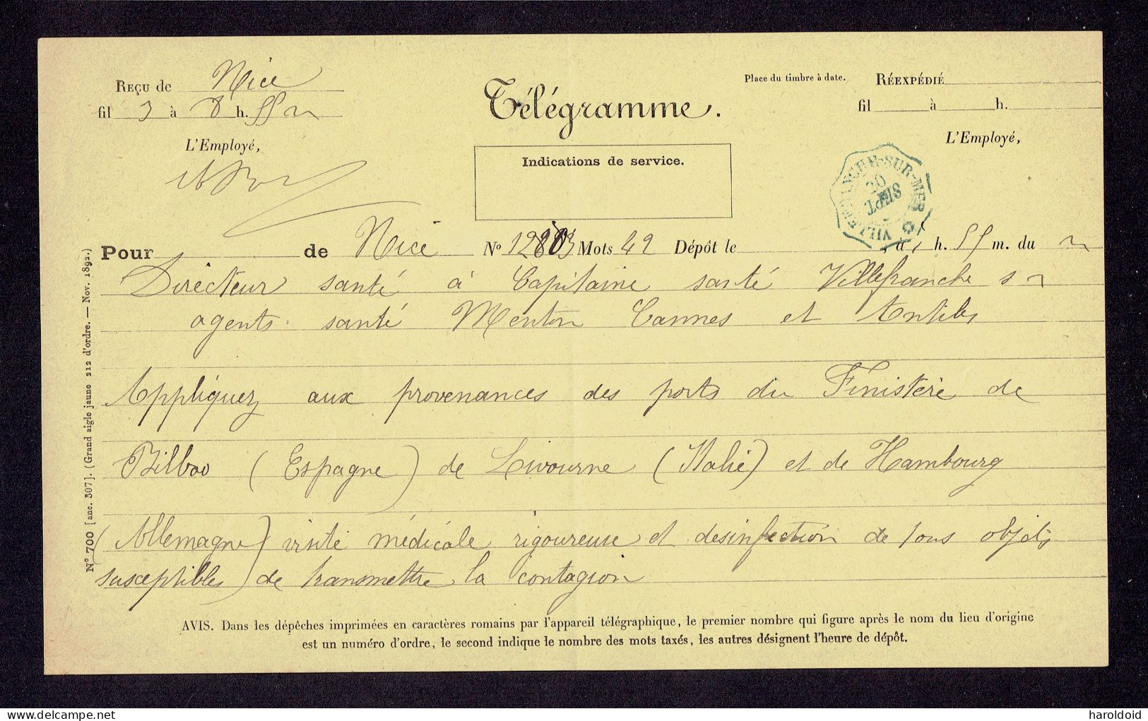 LOT DE 2 TELEGRAMMES SANITAIRES VILLEFRANCHE SUR MER - ORDRE DE DESINFECTION - 1890 - Telegraaf-en Telefoonzegels