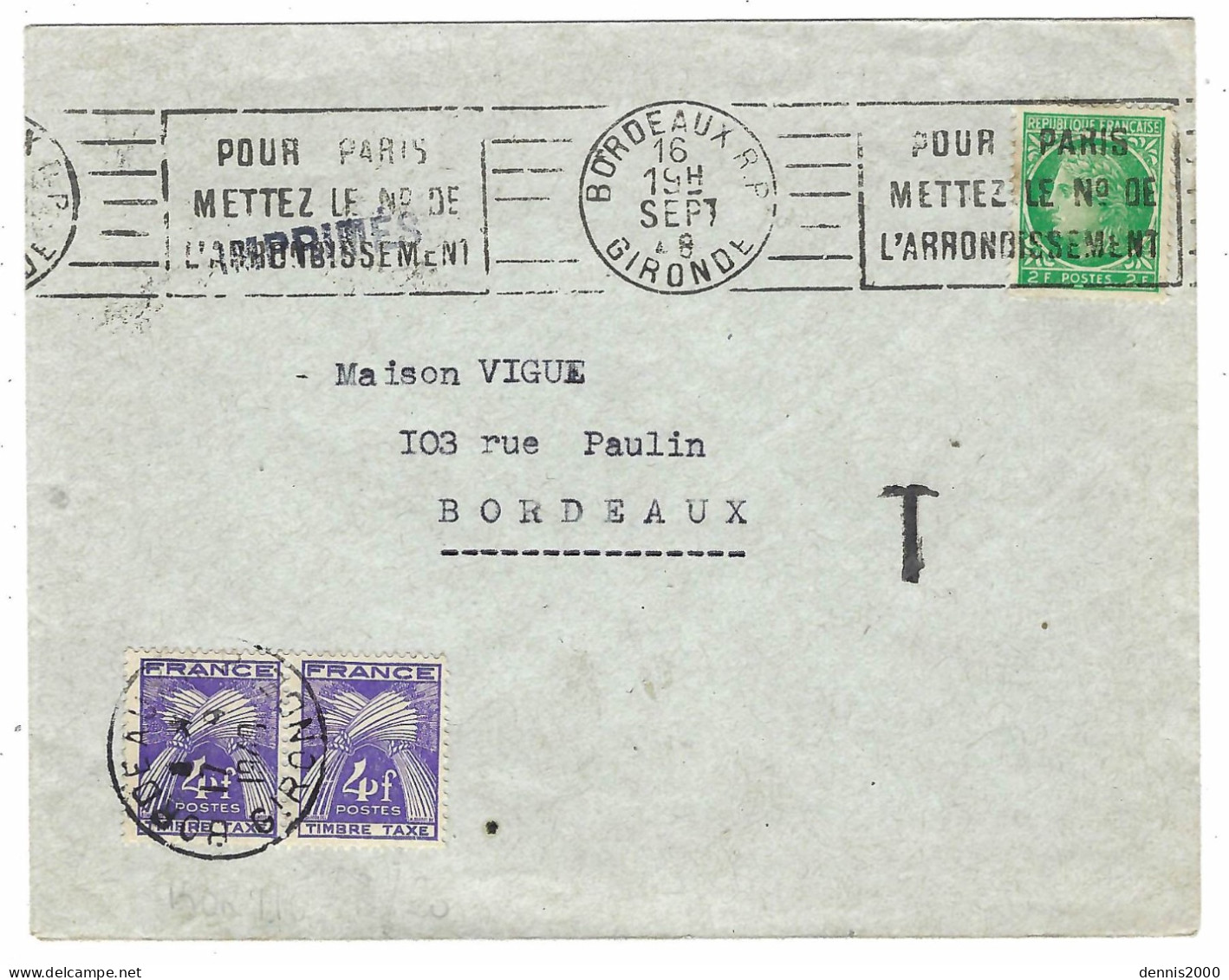 1948 - Enveloppe De Bordeaux ( Gironde ) Affr. 2 F Mazelin TAXEE Paire 4 F. N°84 - 1859-1959 Cartas & Documentos