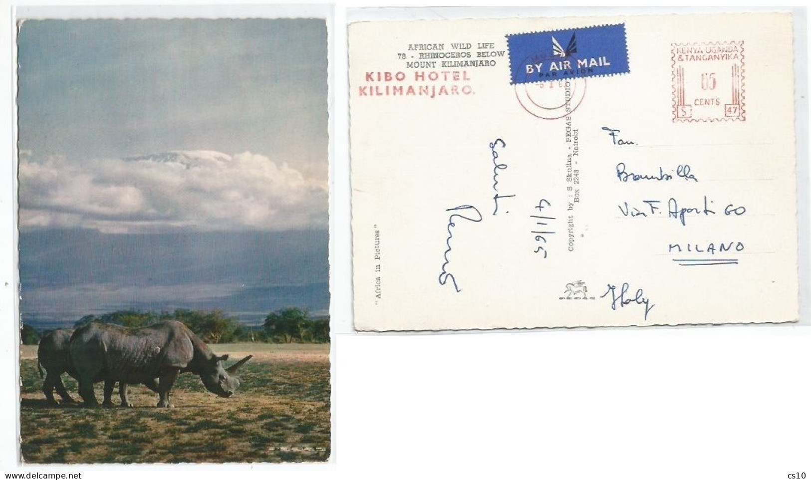 East Africa KUT Red Meter Franking Moshi 5jan1965  Kibo Hotel Kilimanjaro C65 Airmail Pcard Rhino & Mount K. X Italy - Kenya, Uganda & Tanganyika