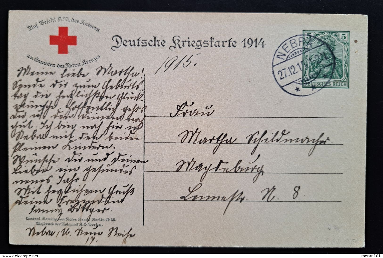 Deutsche Kriegskarte 1914, Postkarte P100A Type II, NEBRA 27.12.15 - Cartoline
