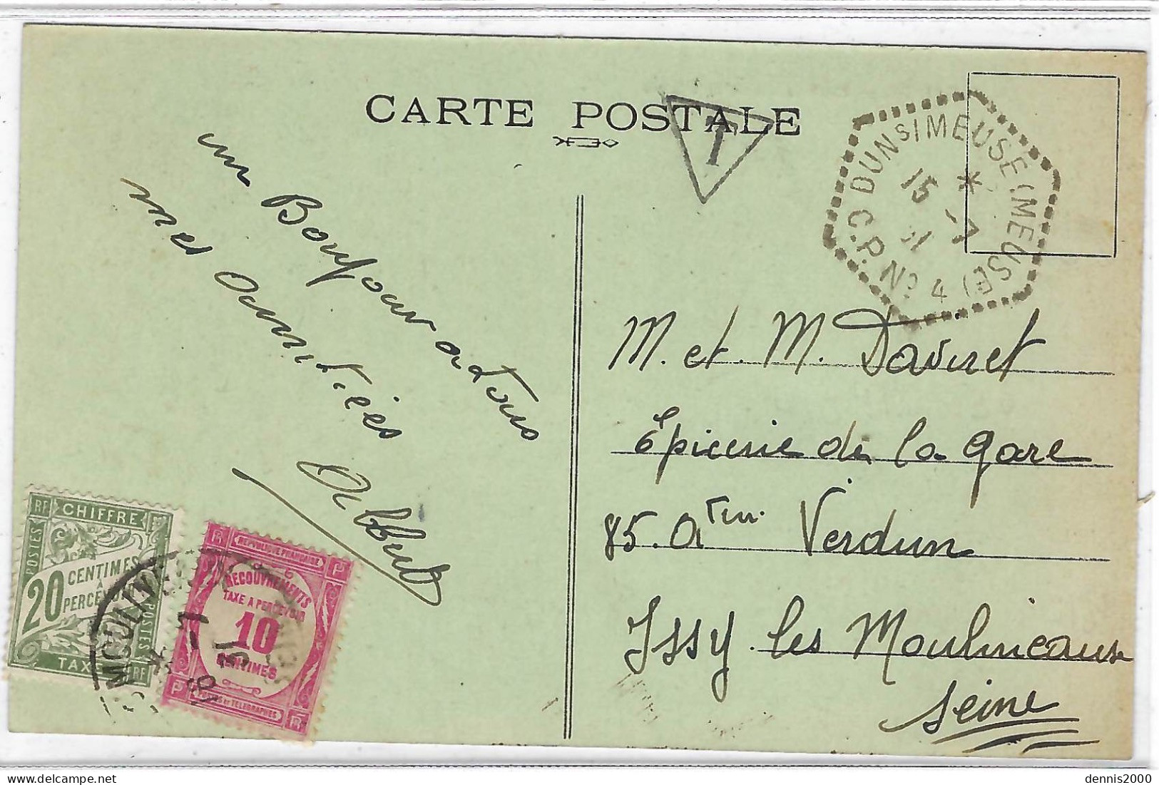 1931 - C P A De Verdun ( Meuse ) Affr. 25 C Oblit. Cad Hexag. De DUN S/Meuse C P N°4 TAXEE Mixte 20 C + 10c Recouvrement - 1859-1959 Cartas & Documentos