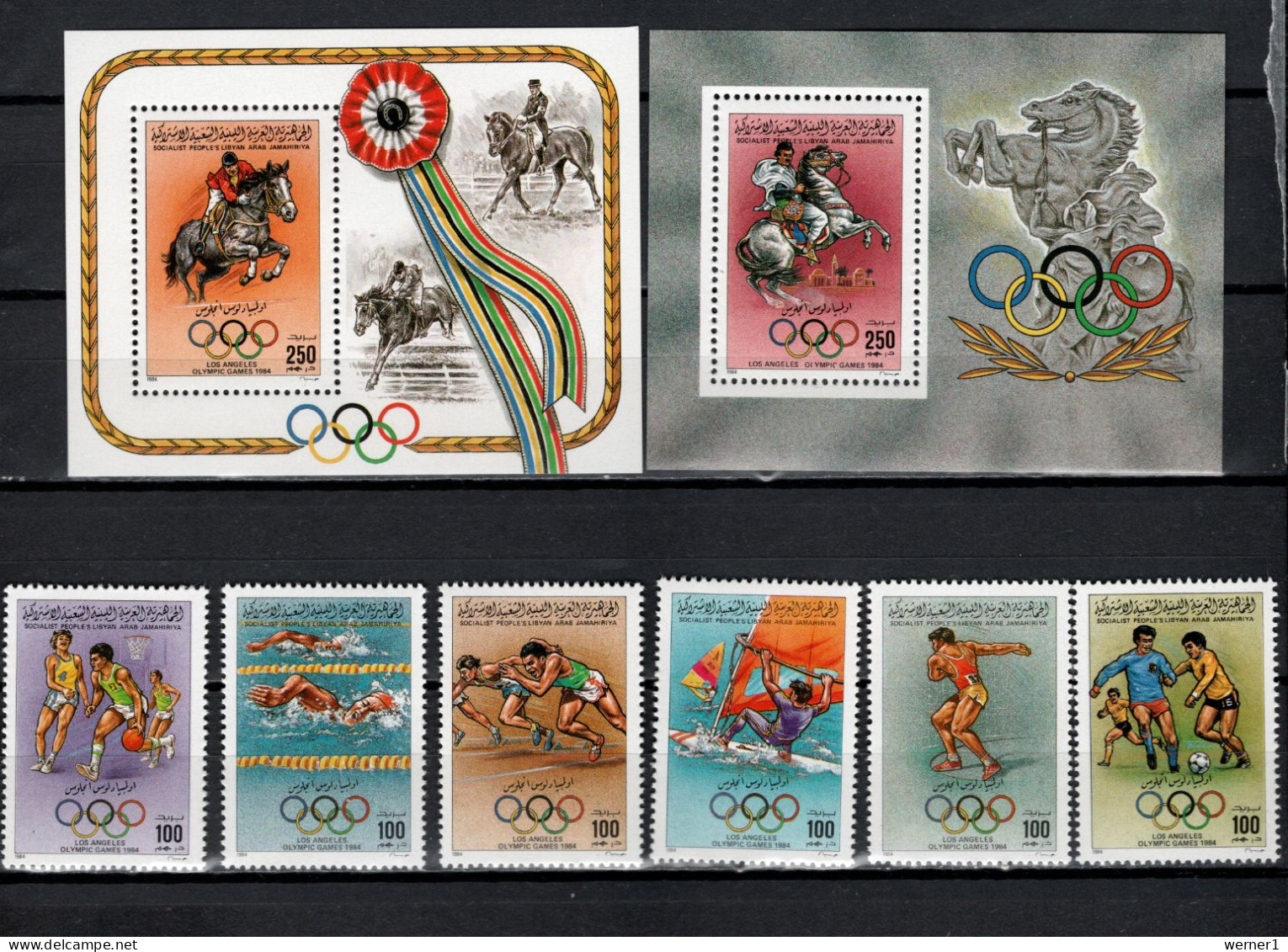 Libya 1984 Olympic Games Los Angeles, Equestrian, Basketball, Football Soccer, Windsurfing Etc. Set Of 6 + 2 S/s MNH - Ete 1984: Los Angeles