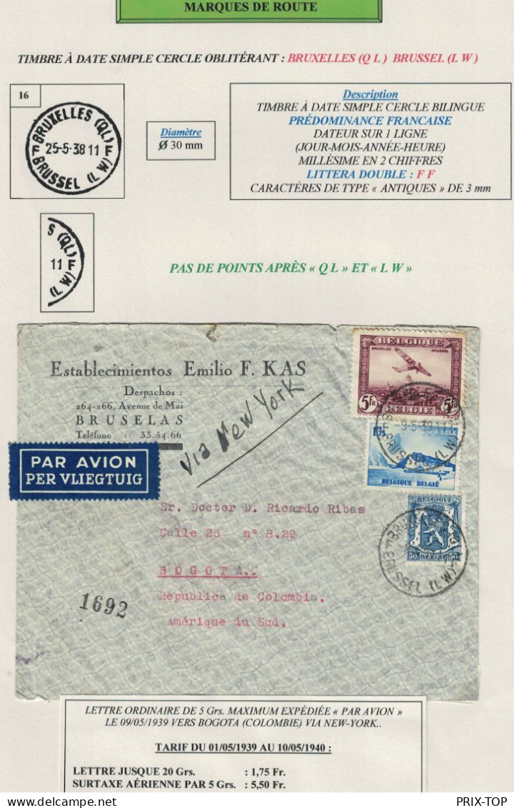 TP 426-487 + TPA 4 S/L. Avion Obl. BXL QL 9/5/39 Via New York > Bogota Colombia C. D'arrivée 17/5/39 - Storia Postale