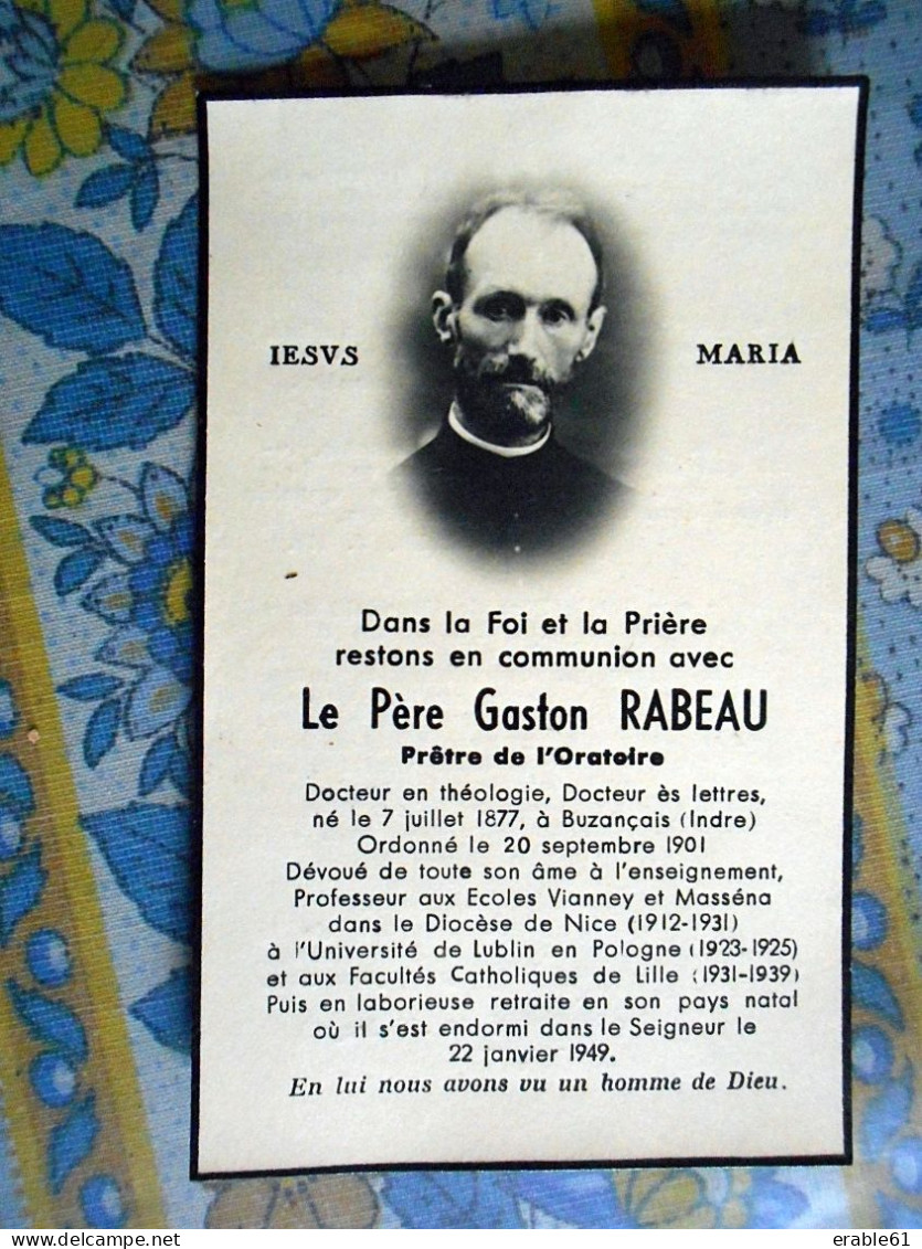 IMAGE SOUVENIR PERE GASTON RABEAU PRETRE DE L ORATOIRE 1877 / 1901 DOCTEUR EN THEOLOGIE VIANNEY MASSENA LILLE DUBLIN - Andachtsbilder