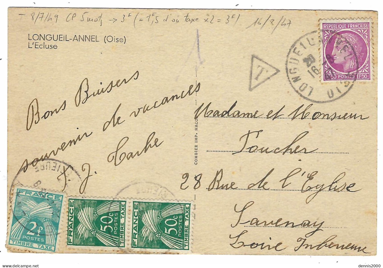 1847 - C P A De LONGUEIL-ANNEL ( Oise ) Affr.1,50 F Mazelin TAXEE 3 F - 1859-1959 Briefe & Dokumente