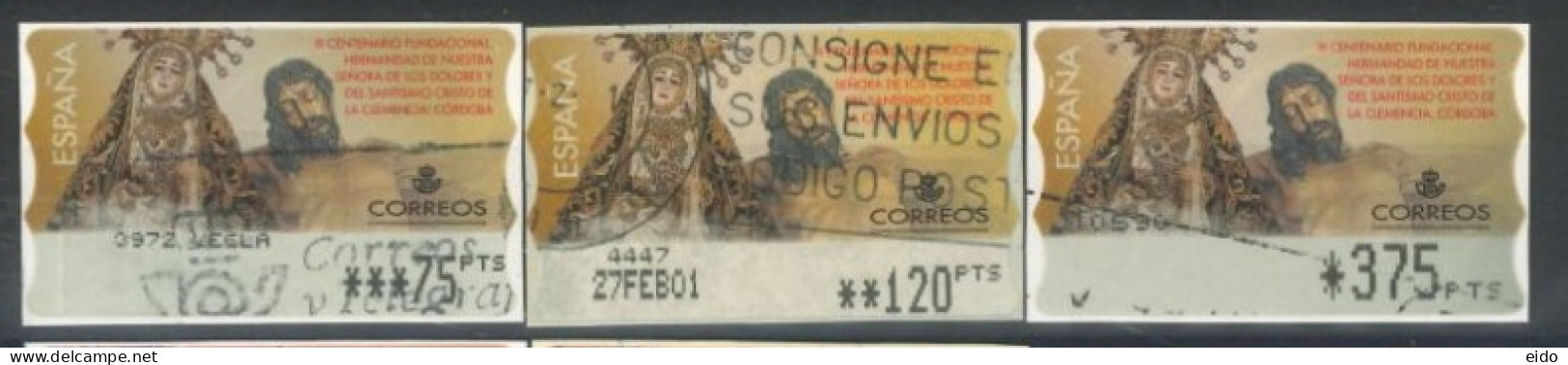 SPAIN - 2001 - 3rd CENT. OF FOUNDATION OUR LADY OF SORROWS  SELF ADH. STAMPS LABELS SET OF 3 OF DIFFERENT VALUES, USED . - Usati