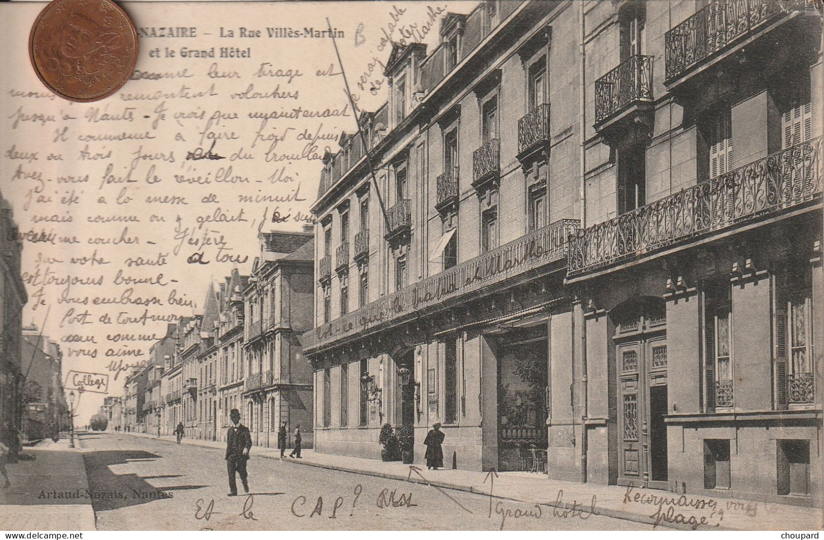 44 - Carte Postale Ancienne De  SAINT NAZAIRE  La Rue Villes Martin  Et Le Grand Hotel - Saint Nazaire