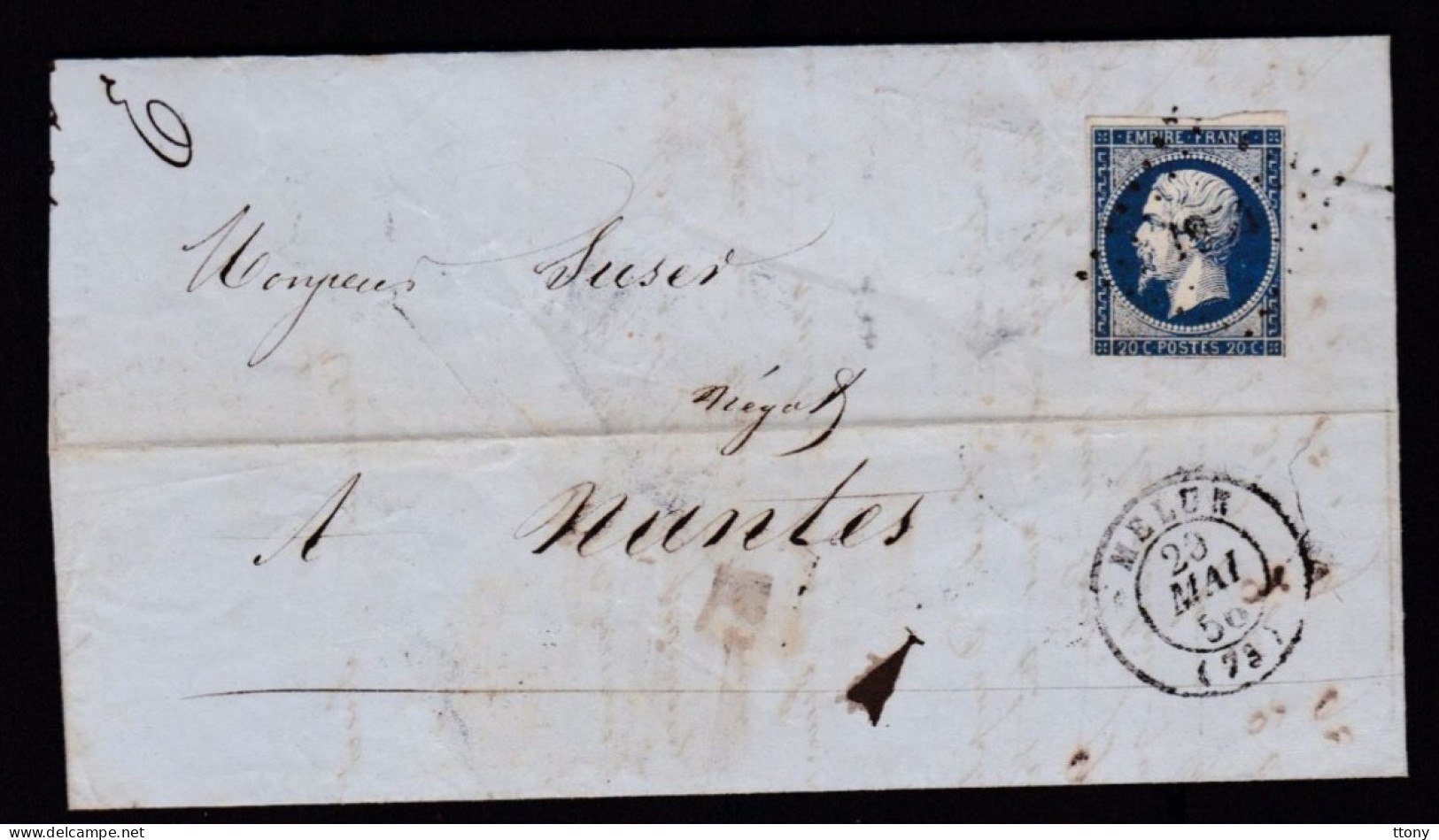 Timbre N° 14 Napoléon III  Bleu  Foncé  20 C   Sur Lettre  Départ Meulin  1856    Destination   Nantes - 1853-1860 Napoléon III.